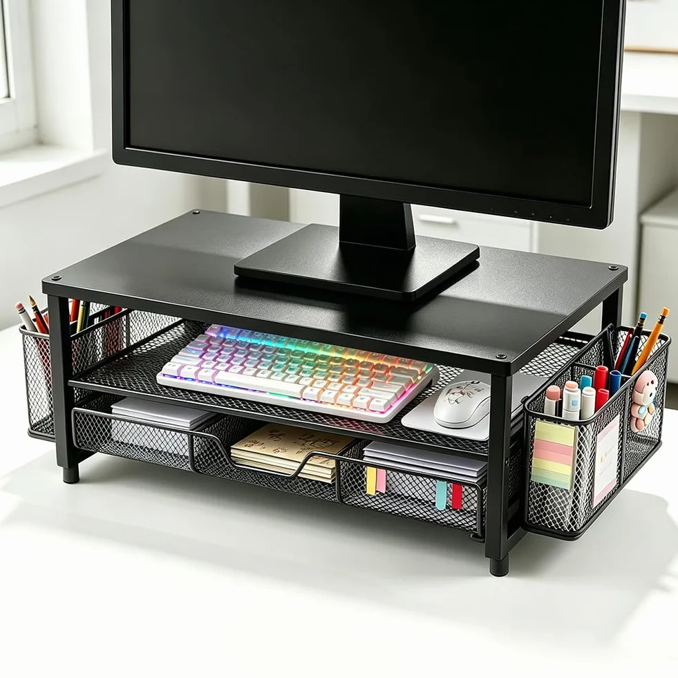 Support Écran de Bureau avec Tiroir et Double Porte-Stylos, Rehausseur Ergonomique pour Moniteur et Ordinateur Portable