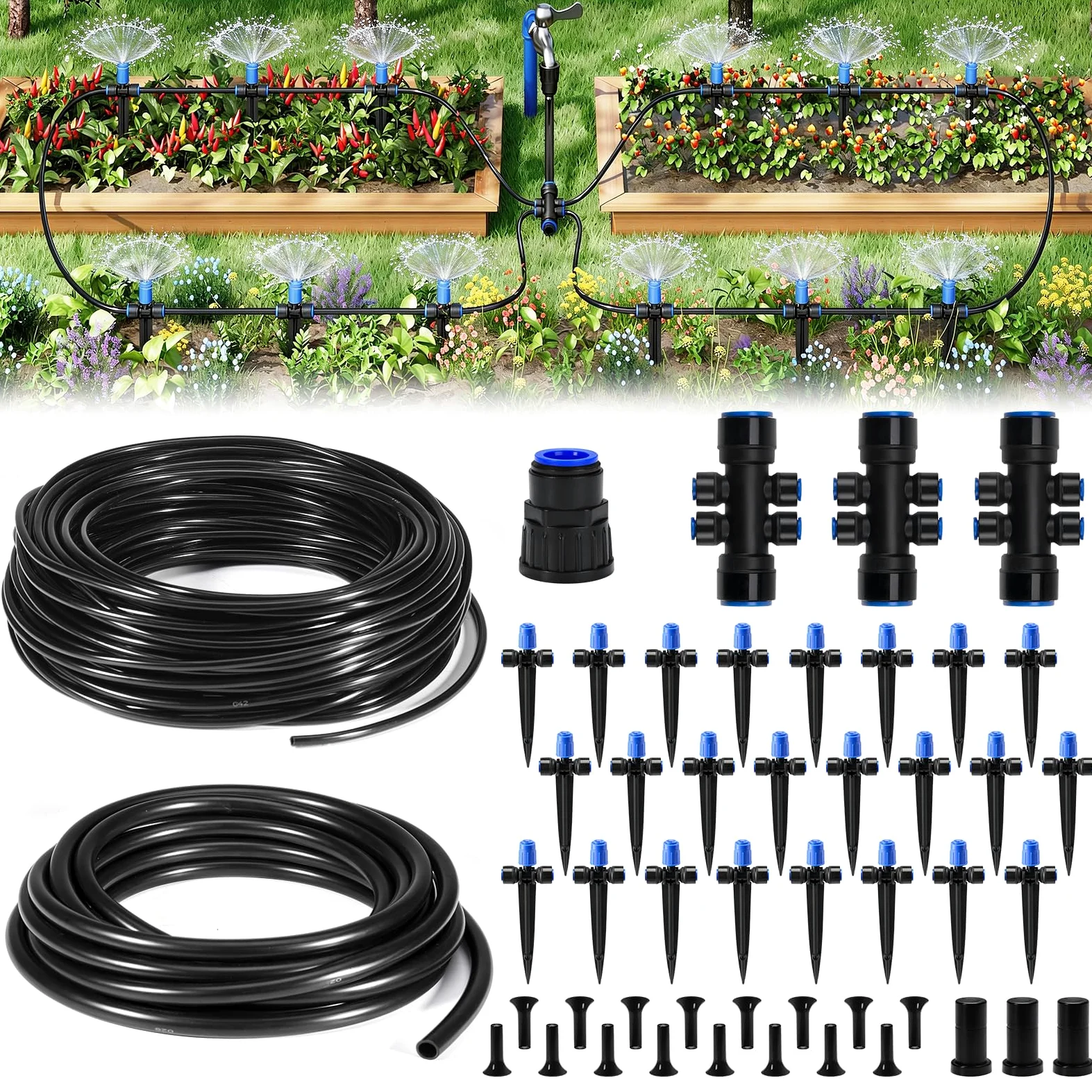 HIRALIY Système d'arrosage de jardin à connexion rapide avec goutteurs à vortex réglables, économie d'eau, kit d'irrigation goutte à goutte automatique pour parterre surélevé et plantes potager