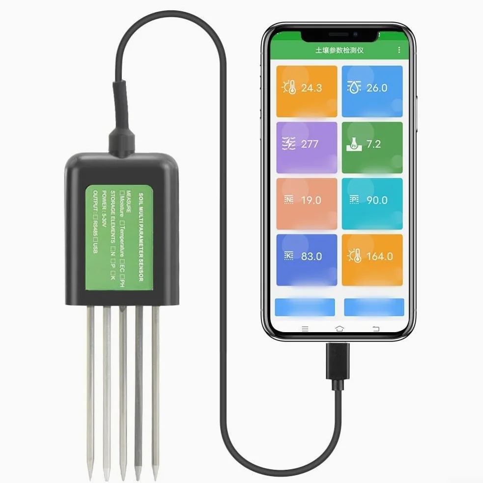 Bodenfeuchtesensor USB 8 en 1 avec PH/EC/Temperatur/Feuchtigkeitsmessung, IP68 wasserdichtes Epoxidharz und Metallsonde, kompatibel mit Android, noir