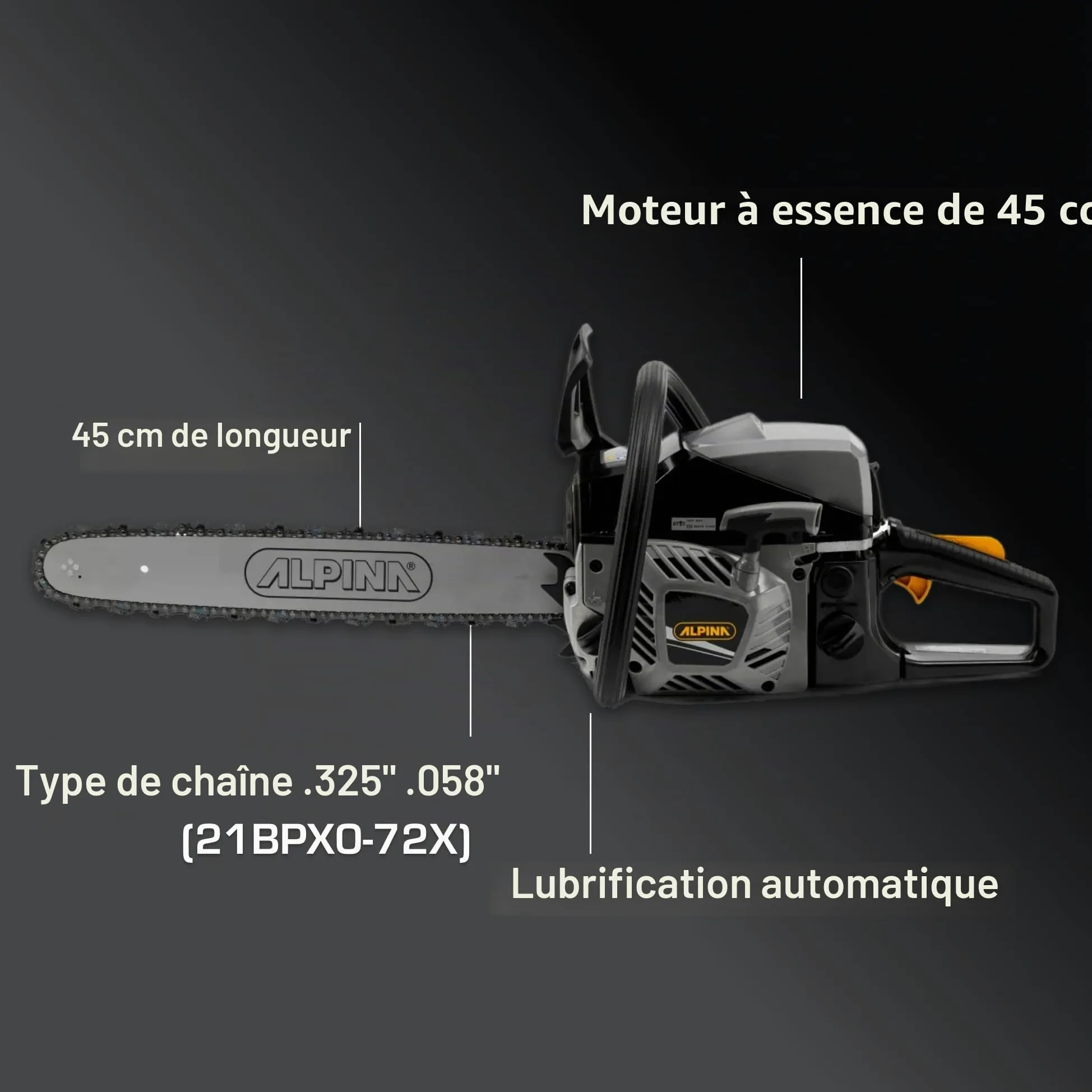 ALPINA Tronçonneuse ACS 46 (18"), moteur à essence 45cm³ (1,8kW), guide-chaîne 45cm
