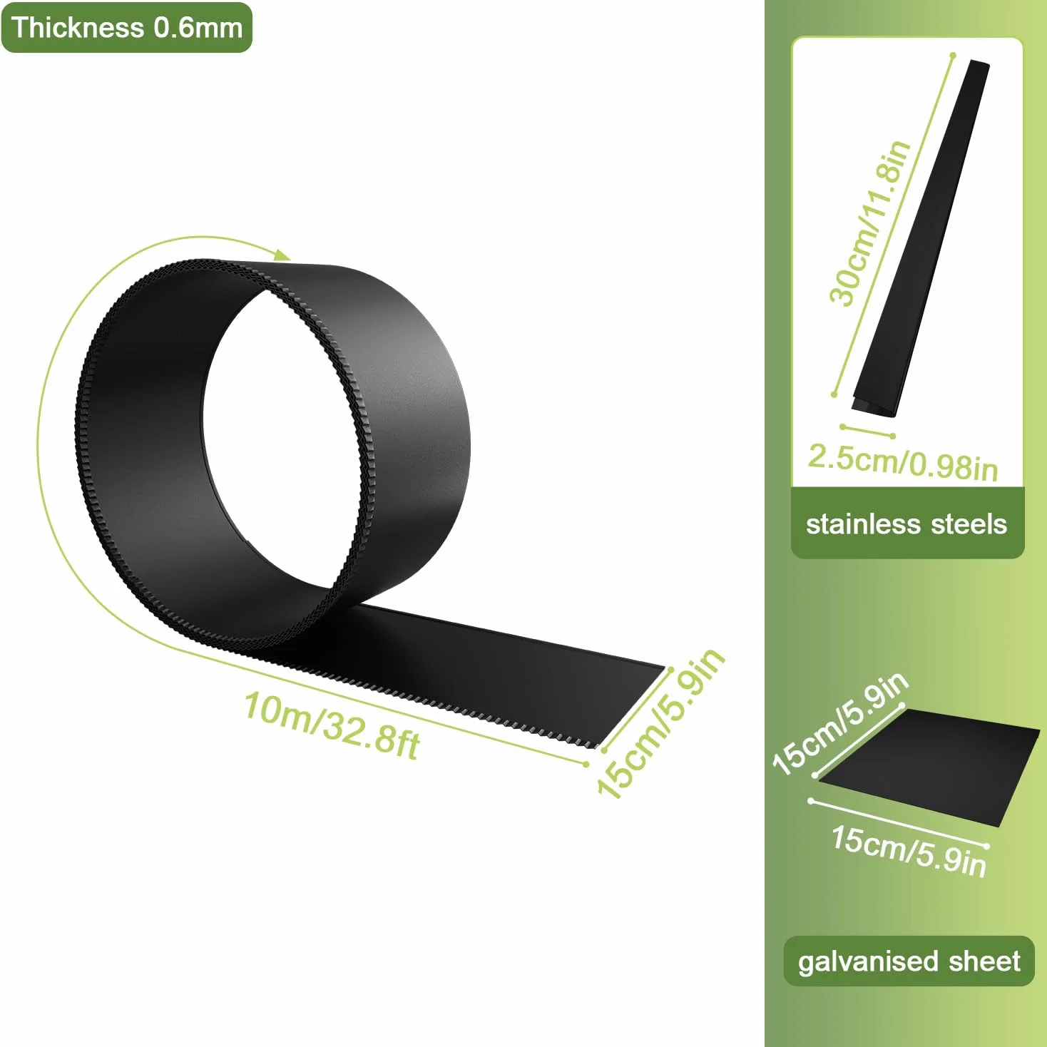 ACXIN Bordure de pelouse en métal - 15 cm de haut - Surface galvanisée - Bordure polyvalente pour paillis d'écorce, comme bord de tonte ou anneau d'arbre, robuste, flexible et rapide à installer (noir