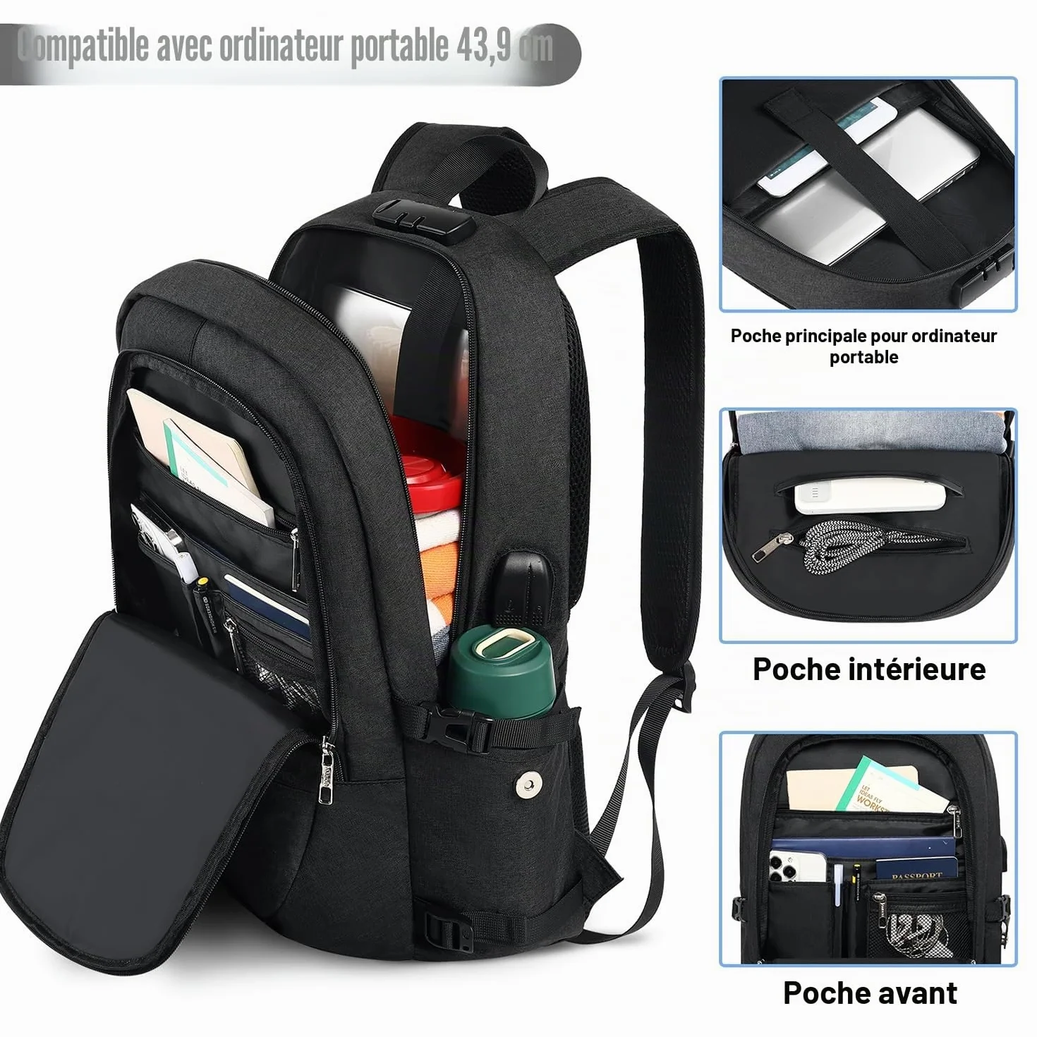 AMBOR Sac à Dos Ordinateur Portable 17.3 Pouces Imperméable avec USB Charging Port Noir