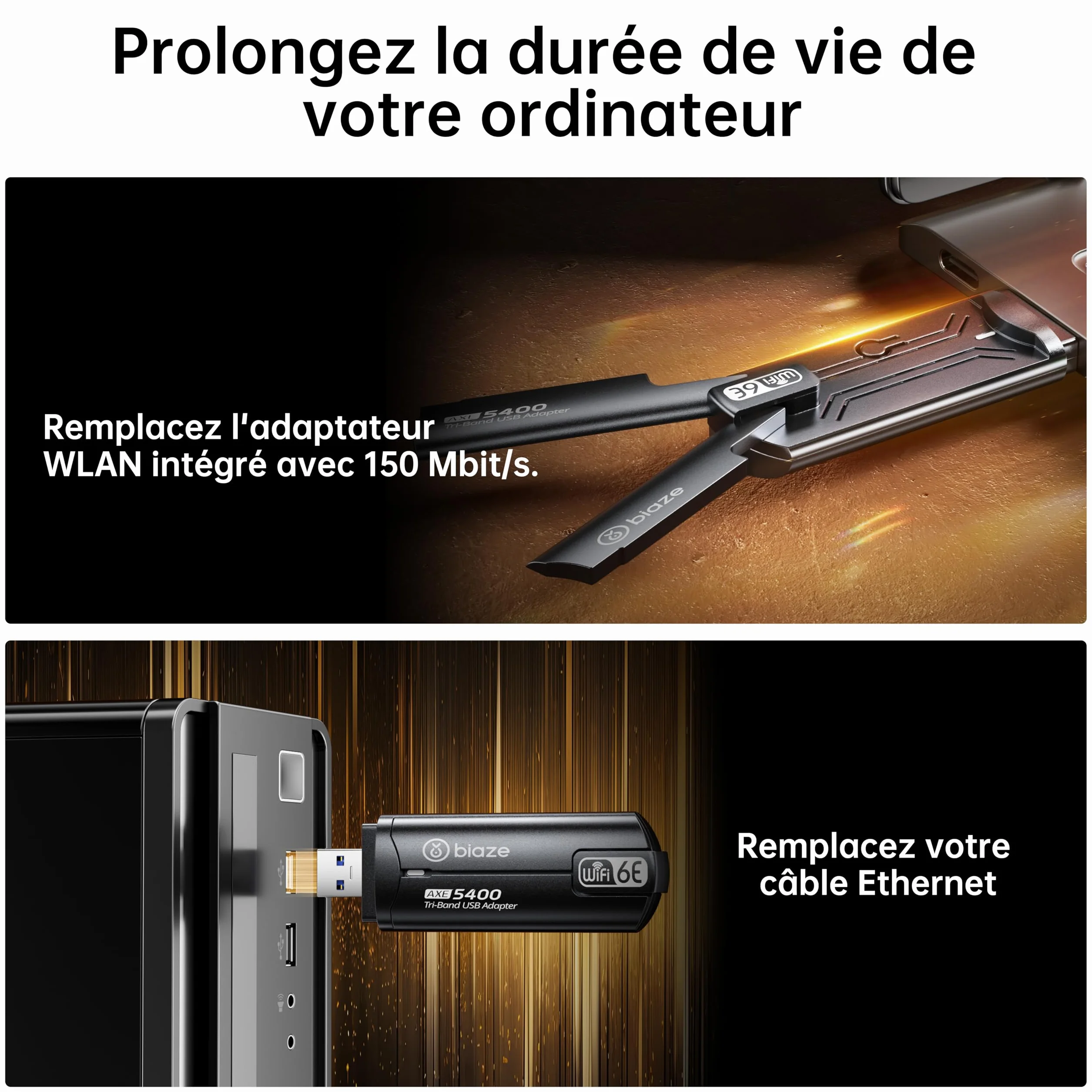 Adaptateur WiFi 6E sans fil 5400 Mbit/s USB 3.0 double bande pour PC ordinateur portable carte réseau Plug and Play antenne externe