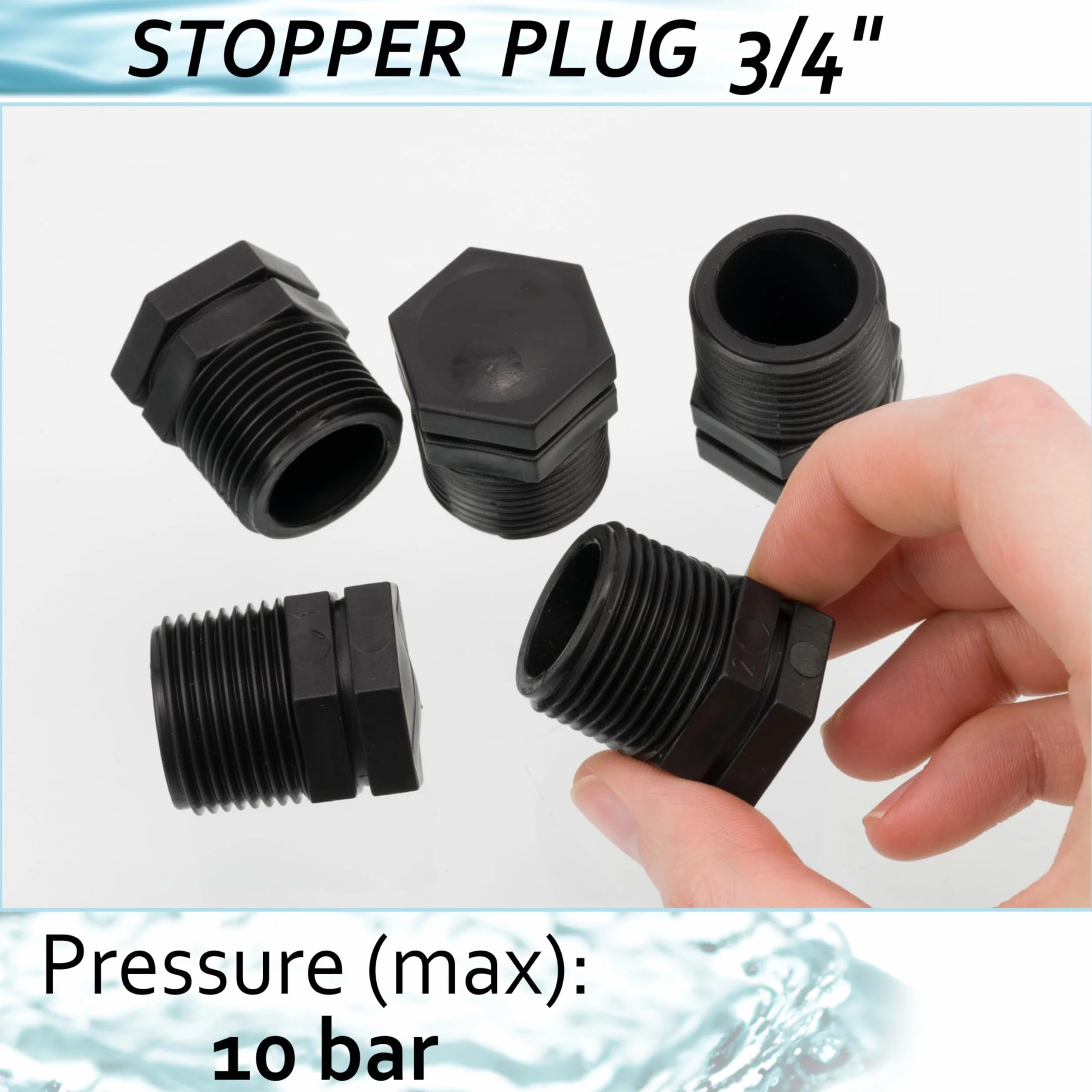 AERZETIX Lot de 5 Bouchons Mâles 3/4" Polyéthylène pour Tuyau d'Arrosage Irrigation Pression Max 10 Bars Noir