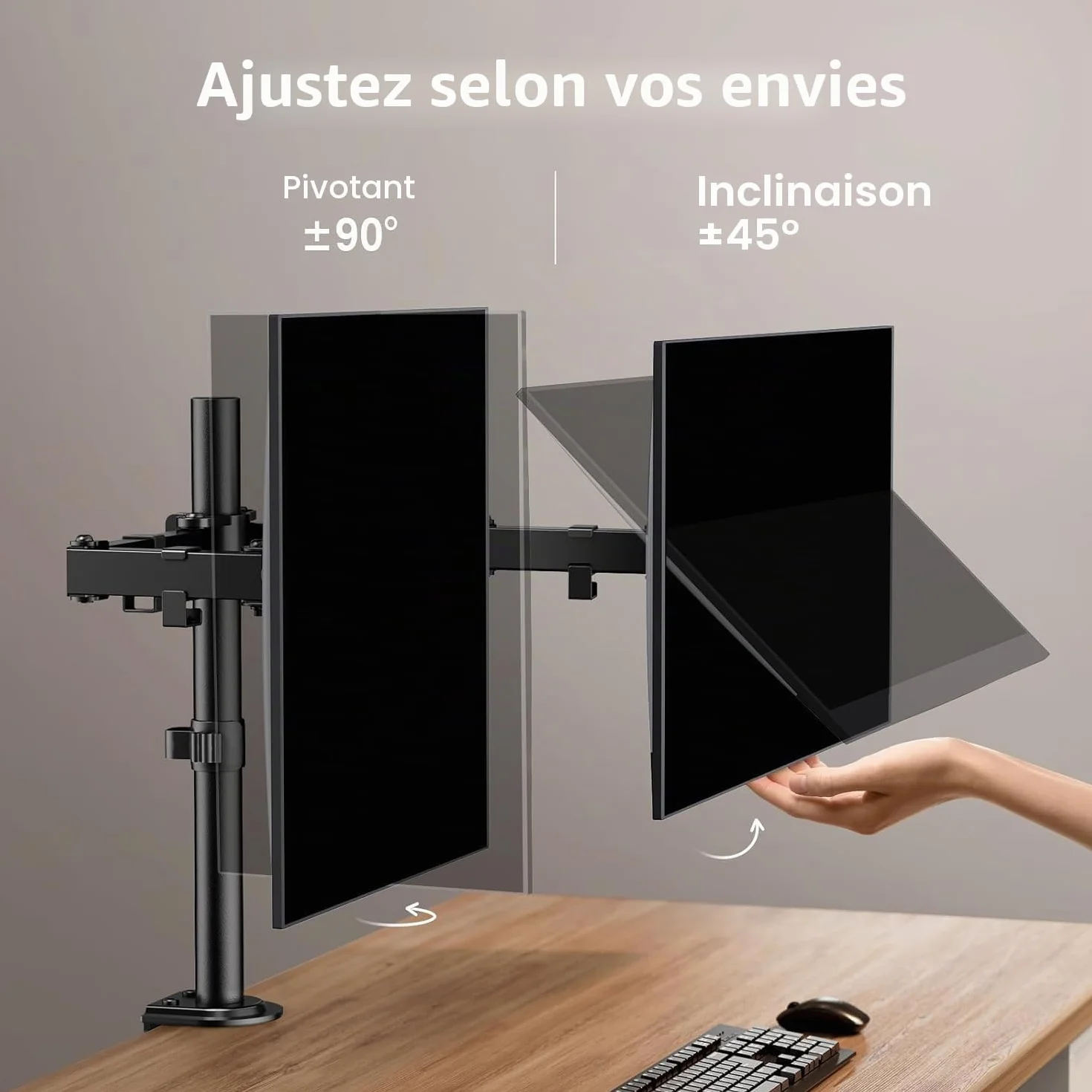 ErGear Support Ecran PC 2 Ecran pour Moniteurs 13-32 Pouces Bras Réglable Hauteur Rotatif Pivotant Inclinaison ±45° Charge 8kg VESA 75/100