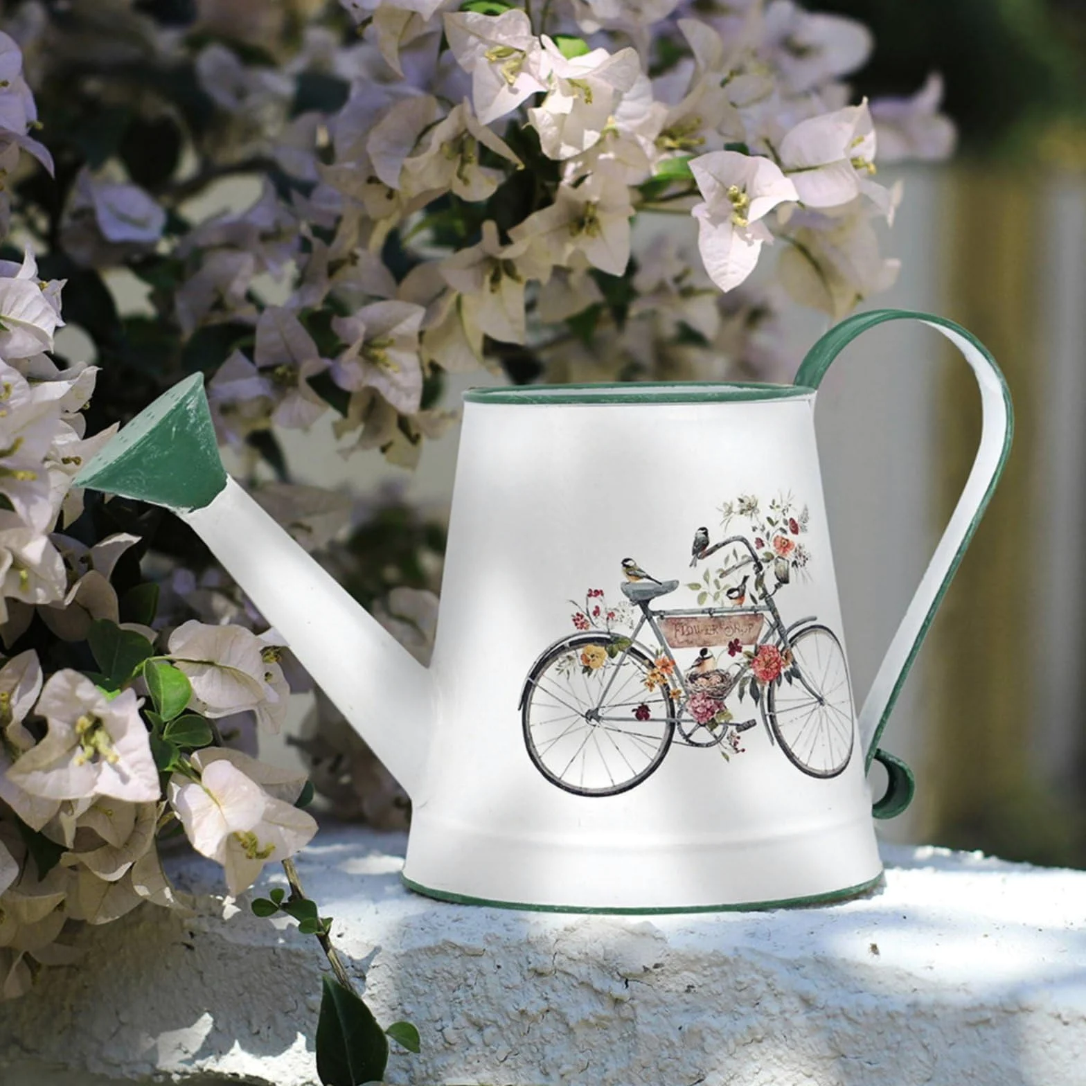Arrosoir Métal Arrosoir Jardin Arrosoir, Blanc, Camion Fleuri avec Bordure Et Poignée Turquoise
