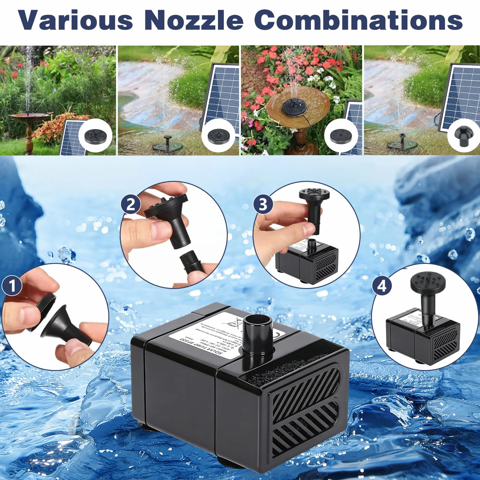 Fontaine Solaire Extérieure Pompe Bassin 6,5W avec 9 Buses pour Bain d'oiseaux Jardin