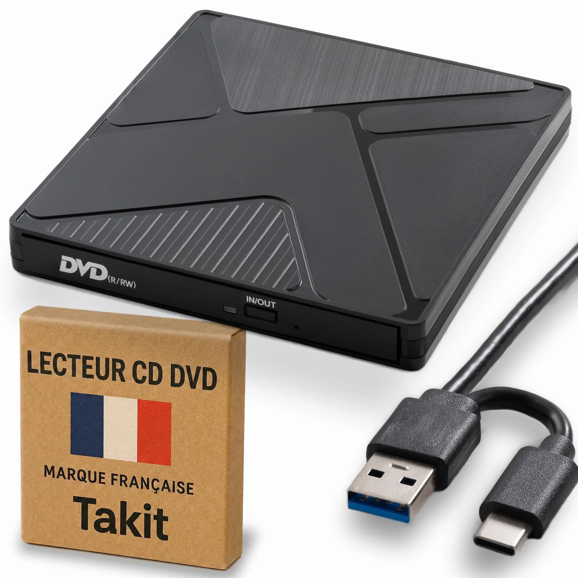 Takit Lecteur CD DVD Externe USB 3.0 & USB-C Graveur DVD Portable +/-RW Câble Intégré Compatible Windows Mac