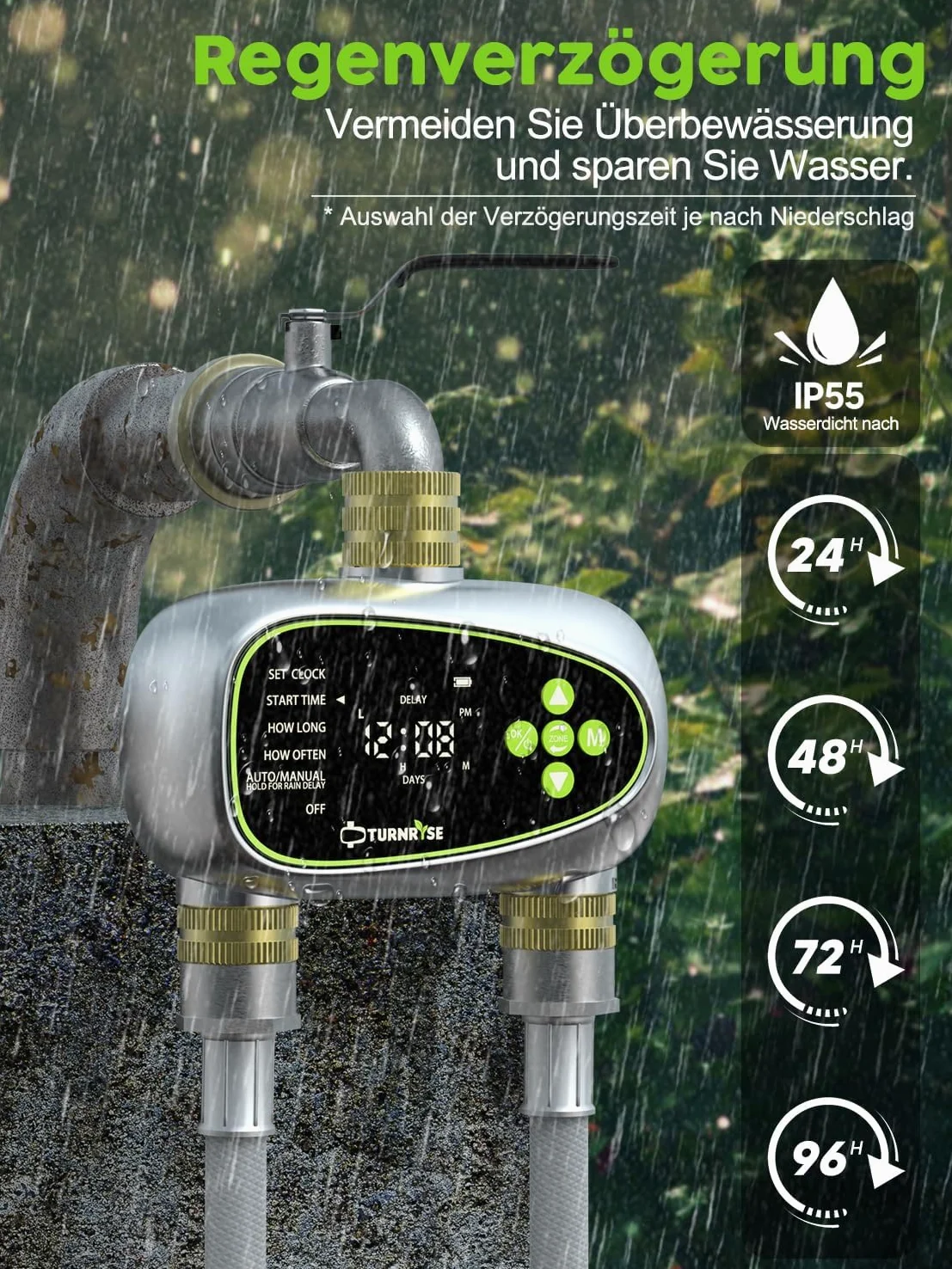 Programmateur Arrosage Automatique 2 Voies avec Entrée et Sortie en Laiton, Retard de Pluie et Commande Manuelle
