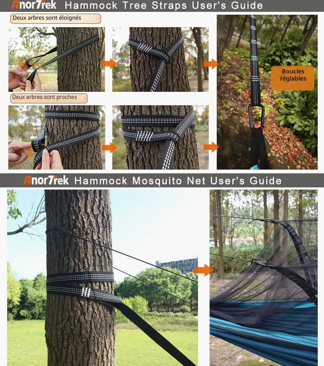 Hamac de Camping AnorTrek avec moustiquaire, hamacs Portables Doubles et Simples avec Sangles d'arbre, hamac Parachute pour Le Camping, la randonnée, Les Voyages et la randonnée