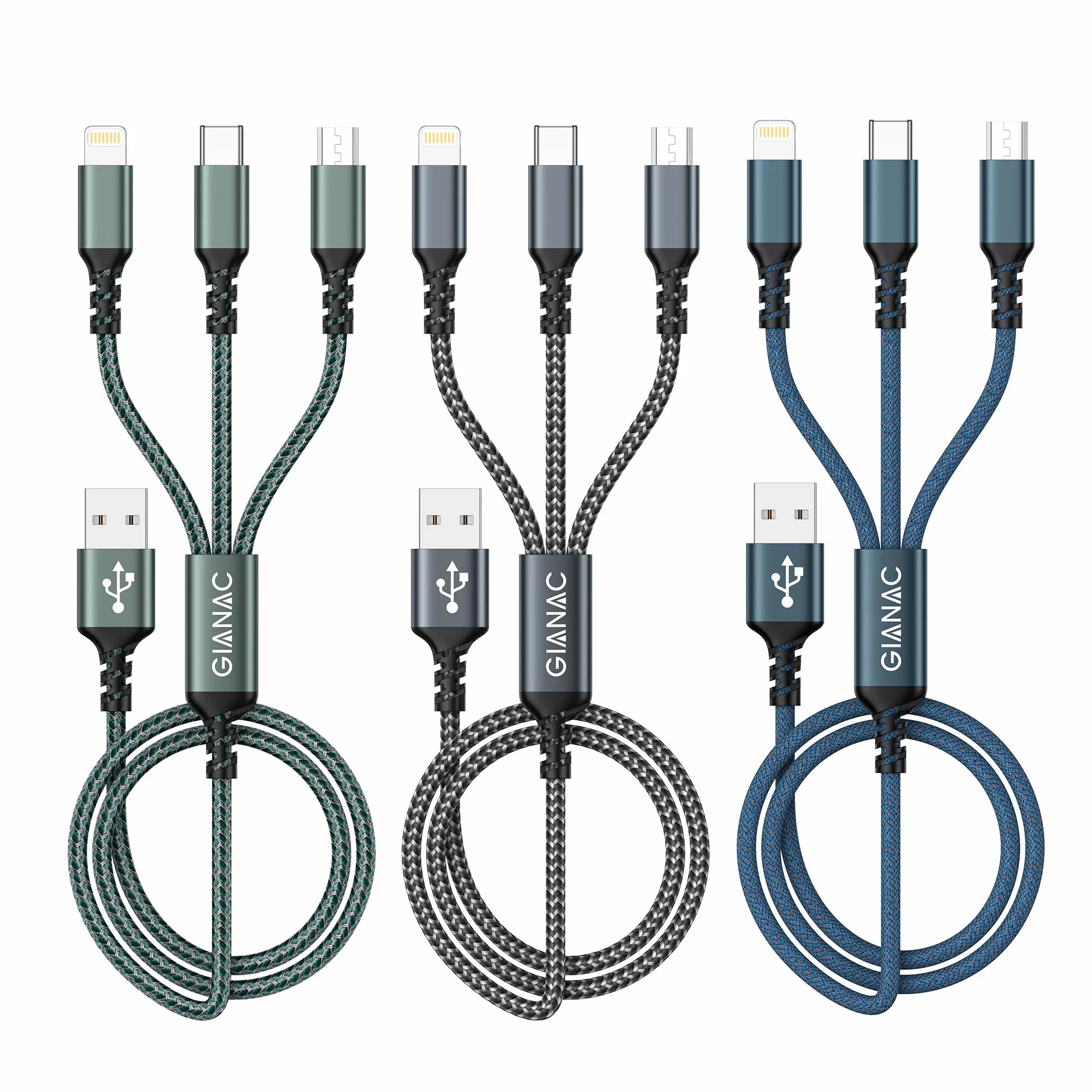 Câble Chargeur Multi Embout 3 en 1 Universel 1.2M Lot de 3 avec Lightning USB C Micro Connecteur pour iPhone 13 12 11 XS Galaxy S21 S20 Huawei P30 P20