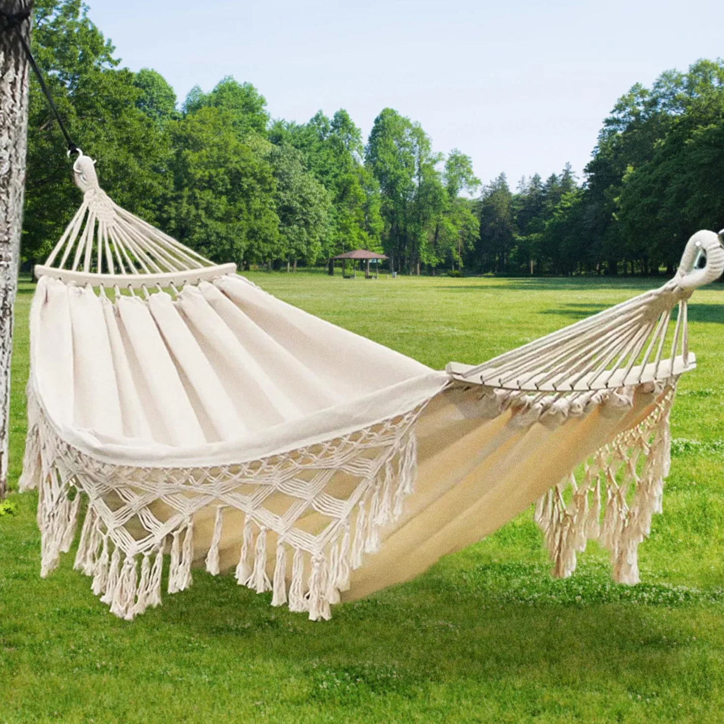 Fauteuil Suspendu Hamac Exterieur, Hamac Suspendu Chaise Hamac Bohème avec Sac de Rangement,Balançoire Suspendue Charge Max 440 lbs, Fauteuil Jardin Coton Toile Hamac Camping Patio (Beige)