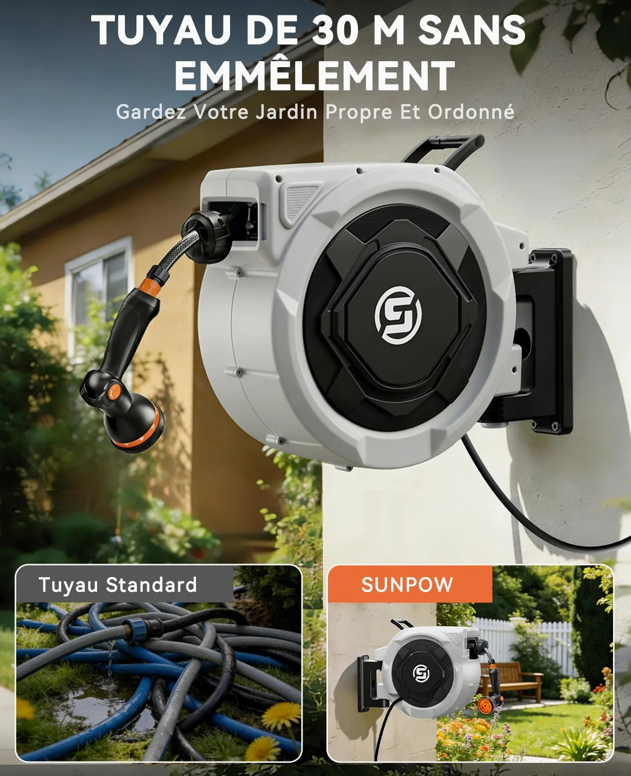 Sunpow Enrouleur de Tuyau d'Arrosage 30m x 16mm,Rétraction Automatique | Avec Buse 10 Positions,Blocage à N'importe Quelle Longueur, Raccords Pivotants à 180° Pour La Pelouse et Le Jardin