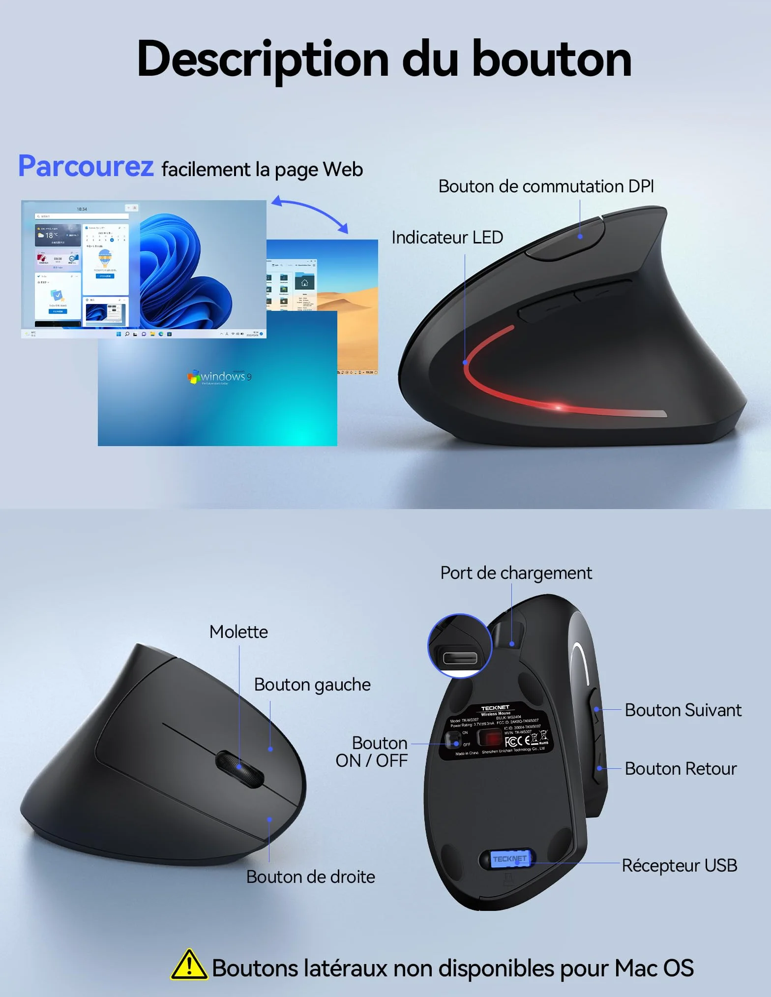 TECKNET Souris Ergonomique sans Fil Rechargeable 4800 DPI Réglable Silencieuse 2.4G 6 Boutons LED Noir