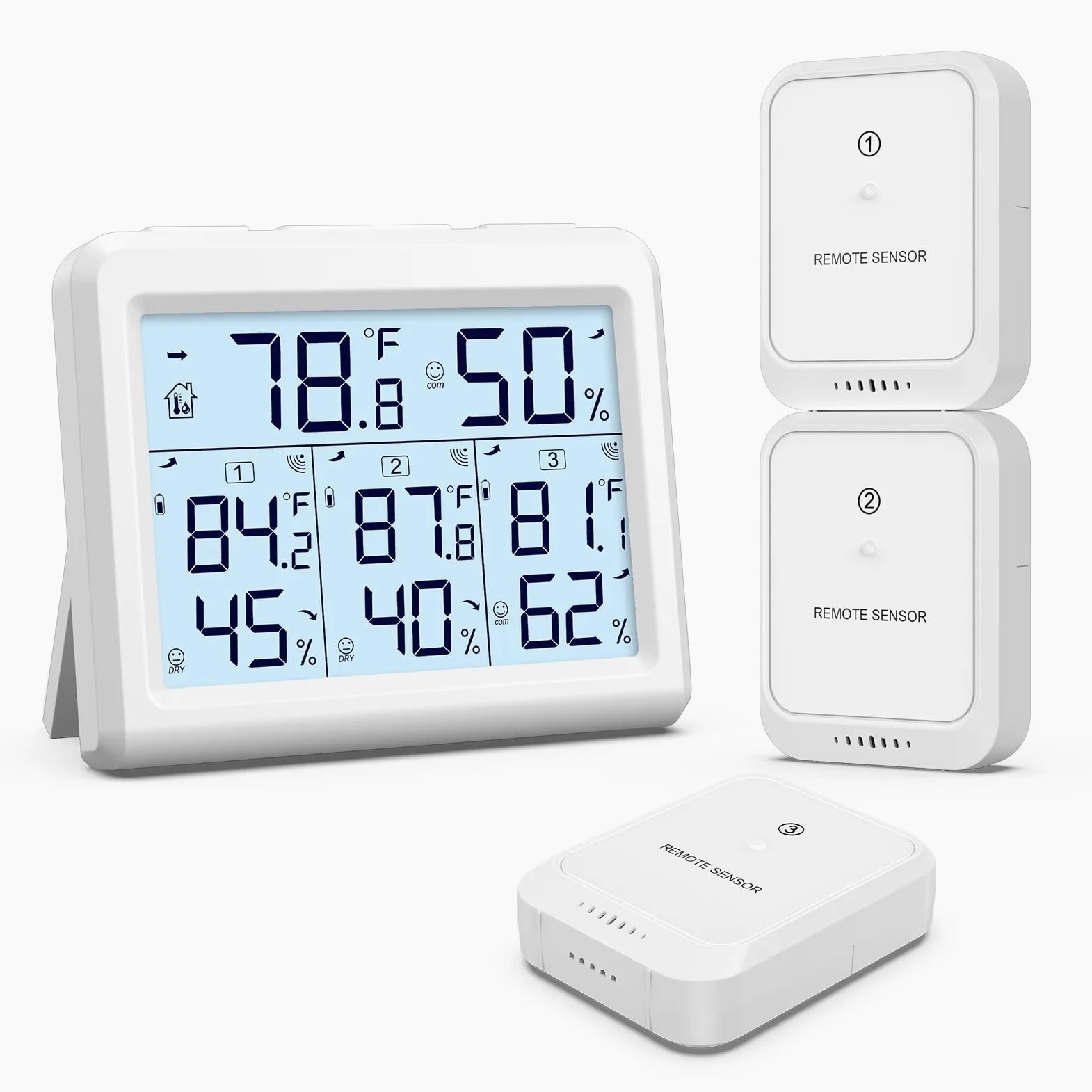 Indoor Outdoor Thermometer, Temperature Humidity Monitor with 3 Wireless Sensors, Humidity Gauge with LCD Backlight, Room Thermometer Hygrometer for Home