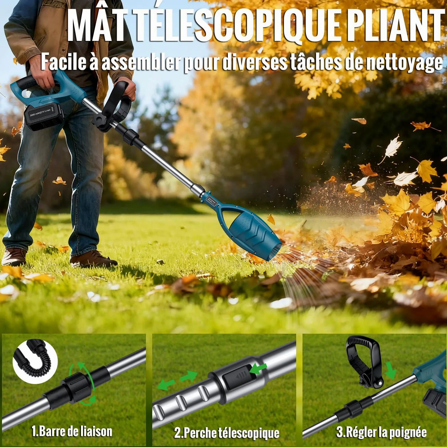 GARLLEN Souffleur électrique à batterie, souffleur électrique sans fil avec 2 batteries de 21 V 3000 mAh, 2600 tr/vitesse du vent 28 m/s, tige télescopique réglable pour feuille et enlèvement de neige | Souffleur Électrique avec 2 Batteries-21V 3,0Ah,Légè