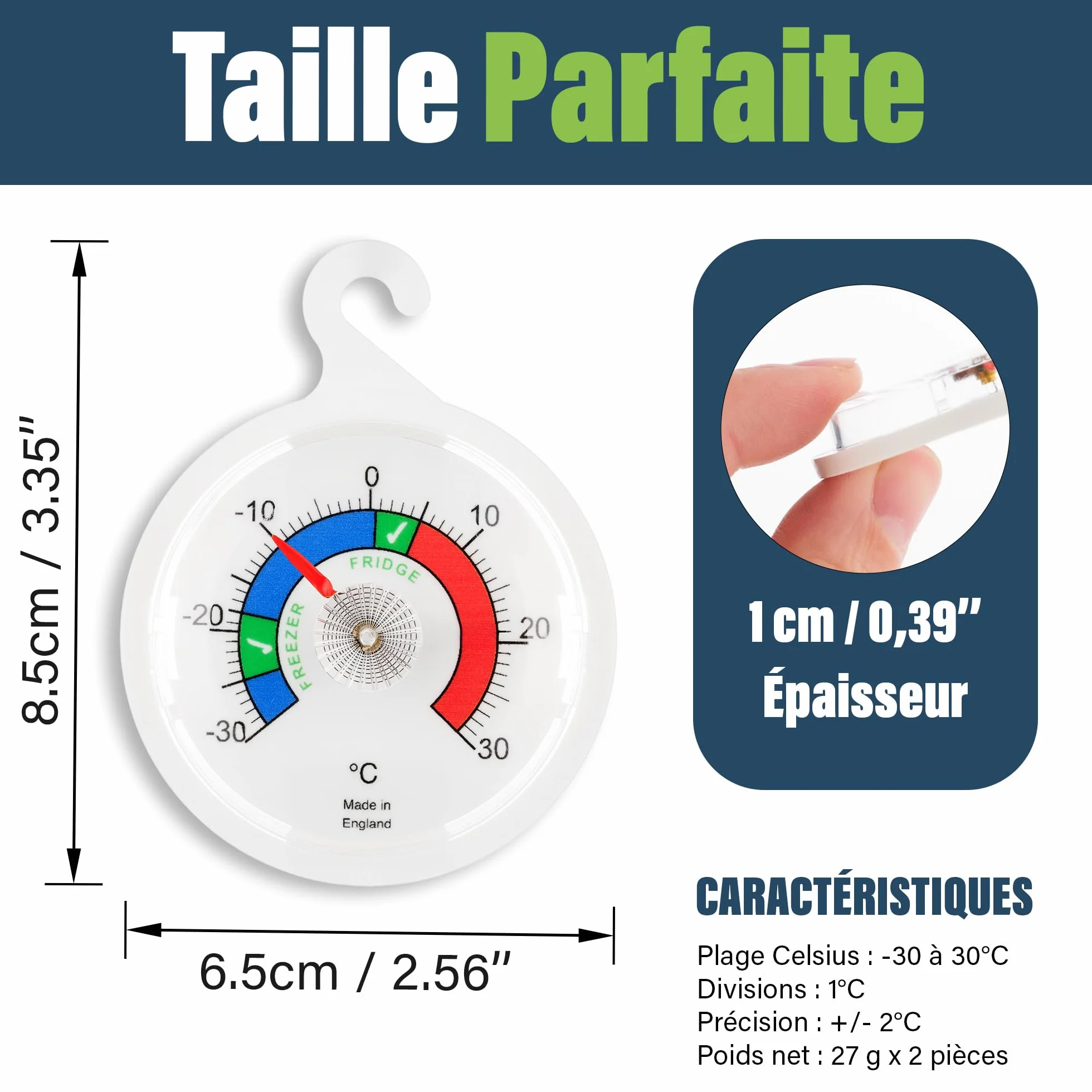 Lot de 2 thermomètres de réfrigérateur à cadran 65 mm zones colorées