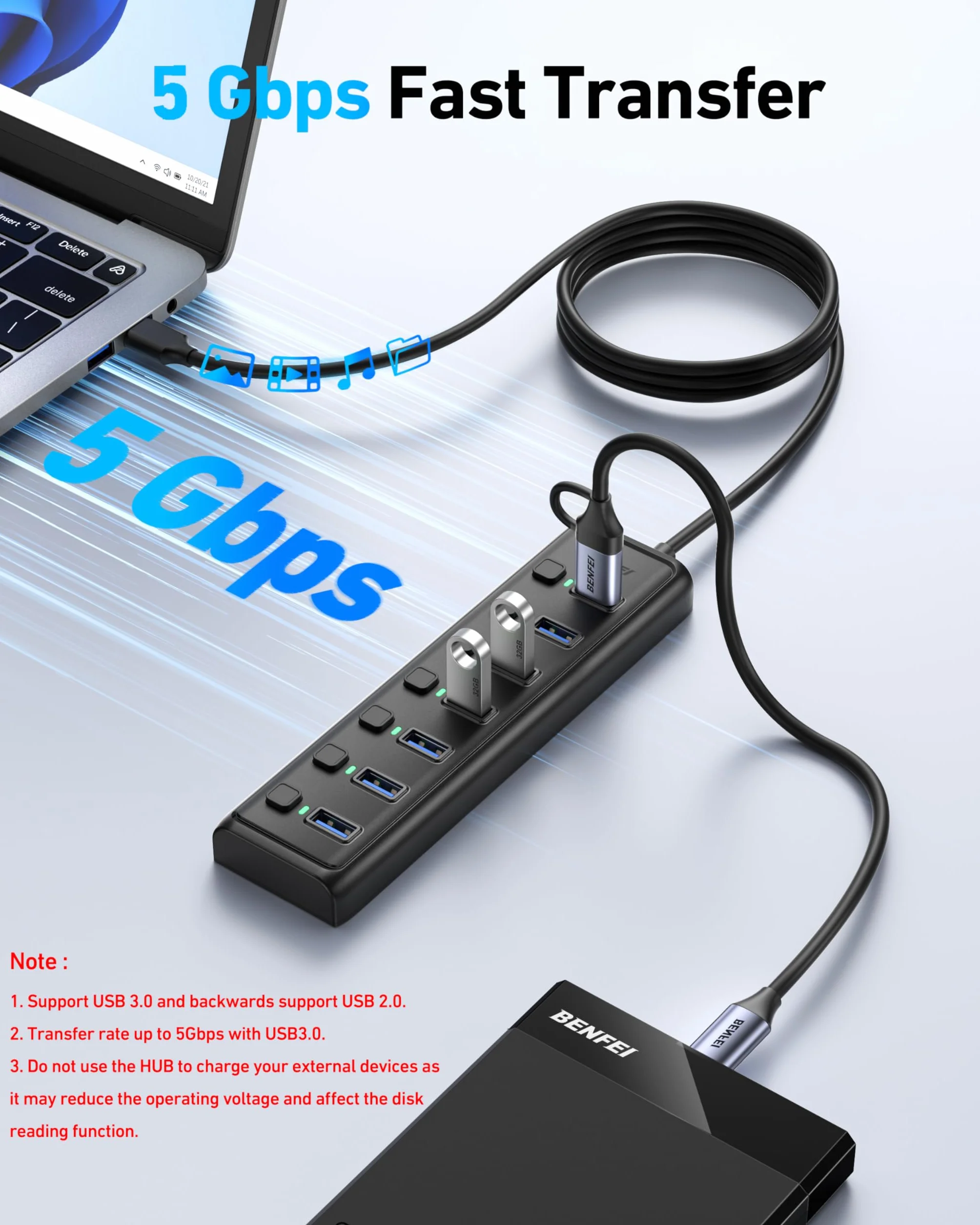 BENFEI Hub USB 3.0 7 Ports avec Câble 1 mètre Compatible MacBook Pro Air Mac Pro Mac Mini iMac Surface Pro XPS PC Clé USB Disque Dur Mobile