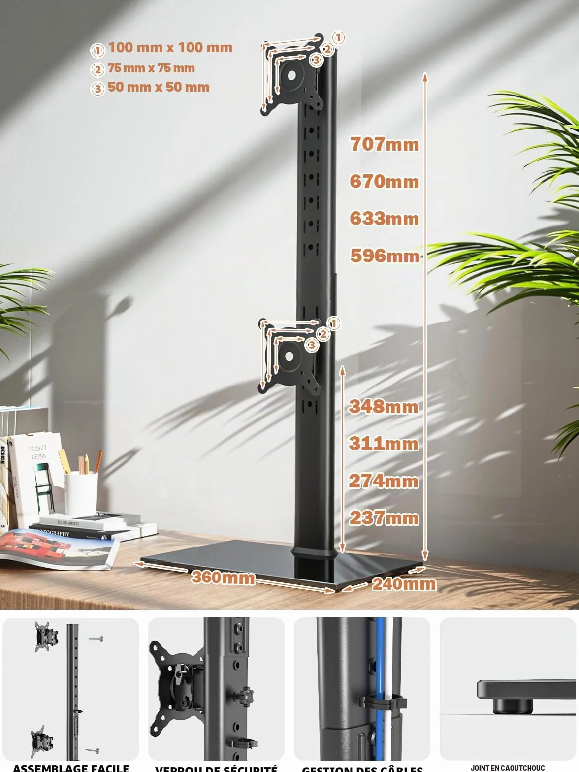Support de Moniteur Double Vertical pour Deux écrans 13-34 Pouces, Pivotement, Inclinaison, Hauteur réglable, 44Lbs