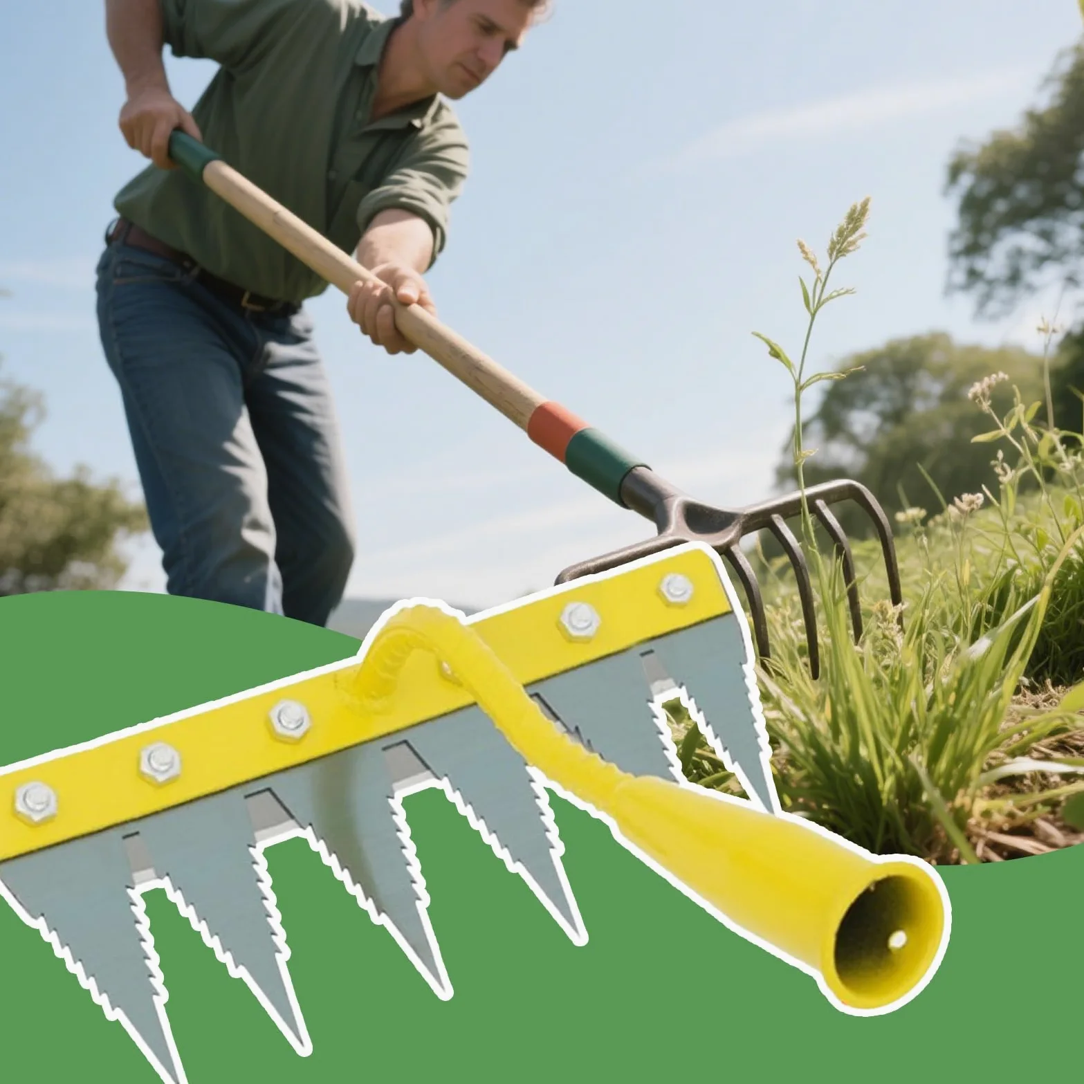 Râteau de jardin Décompacteur et arracheur de mauvaises herbes robuste | Outil d'arrachage Pour une utilisation en extérieur : jardin, pelouse, cour, parterre de fleurs, serre, pépinière, verger,
