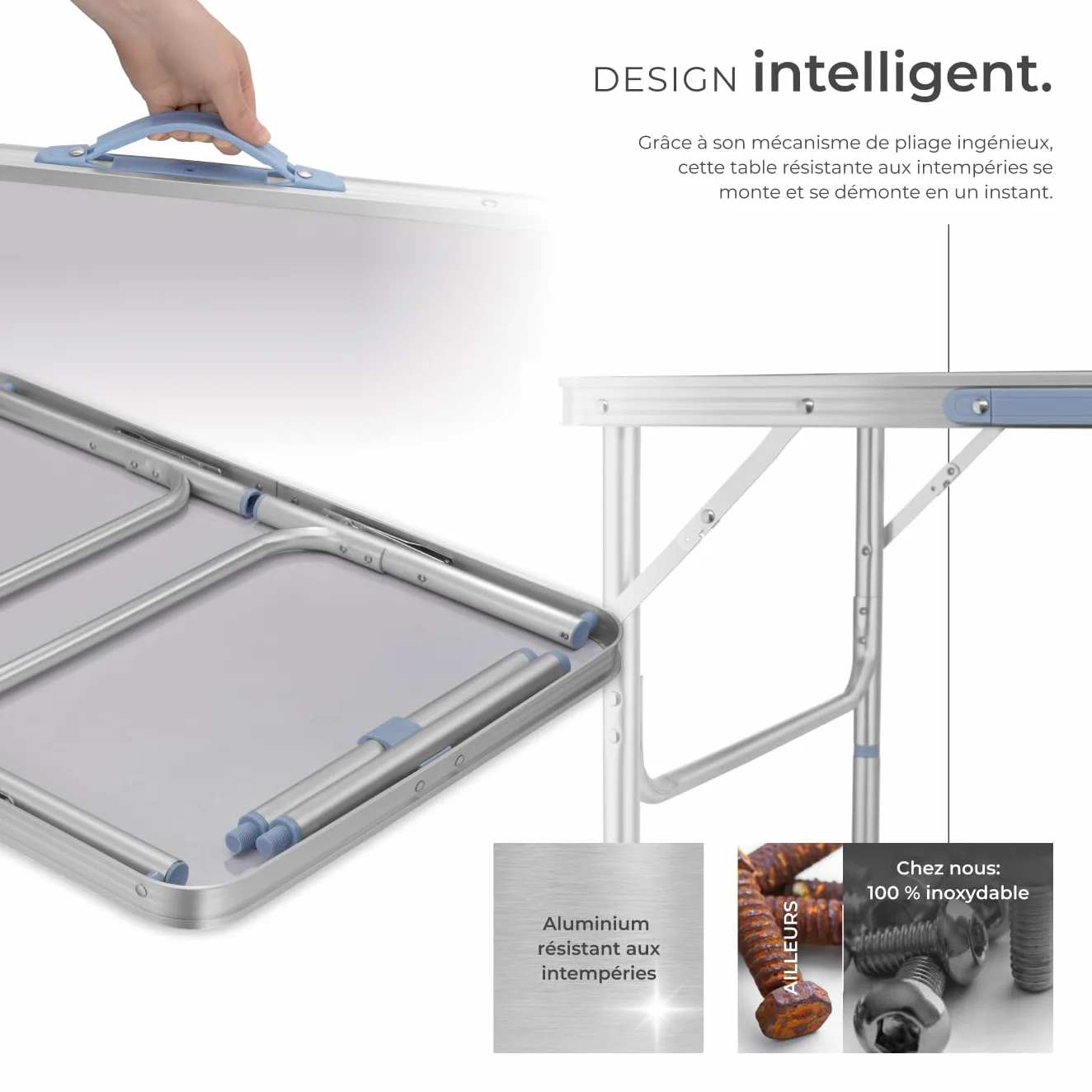 Tectake Table Pliante de Pique Nique Camping Aluminium Léger Compact Hauteur Réglable 75x55x68 cm