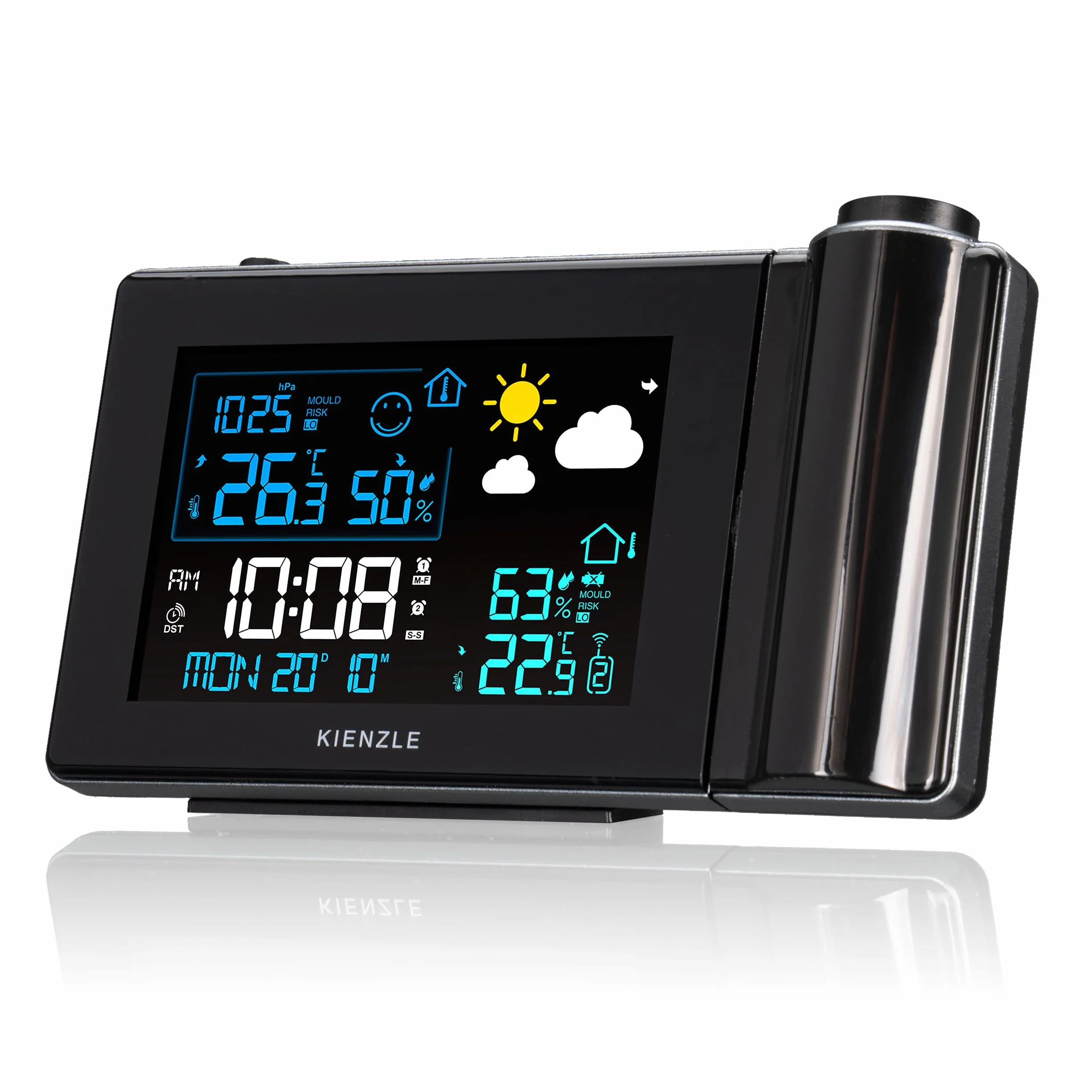 Station météo radio-pilotée Kienzle avec projection, écran couleur, capteur extérieur, alerte moisissure, 2 alarmes | Kienzle Station météo sans fil avec projection, indice moisissure