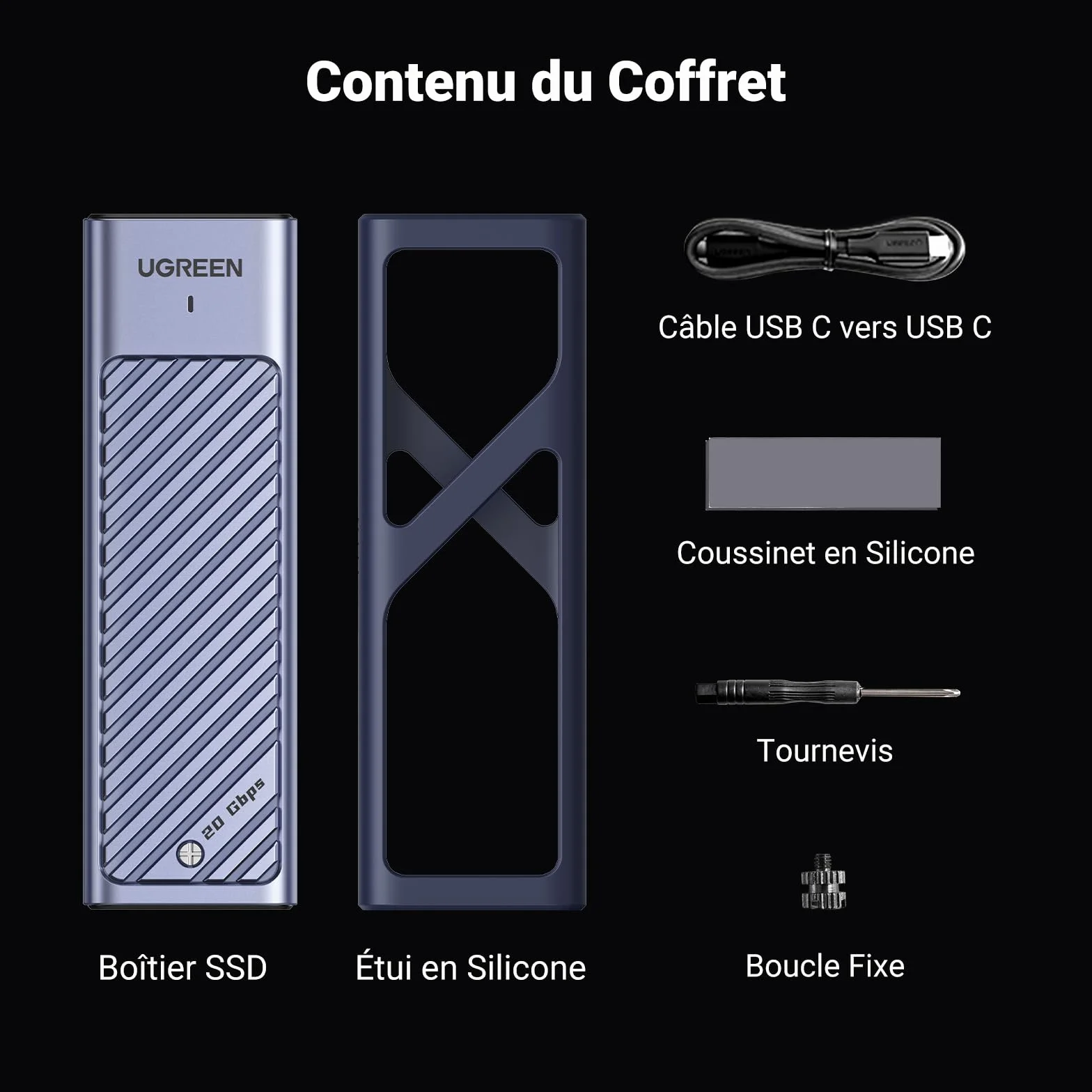 UGREEN Boîtier M2 SSD NVMe SATA 20 Gbps USB 3.2 Gen 2 Adaptateur Disque Dur Externe Aluminium M.2 2230 2242 2260 2280