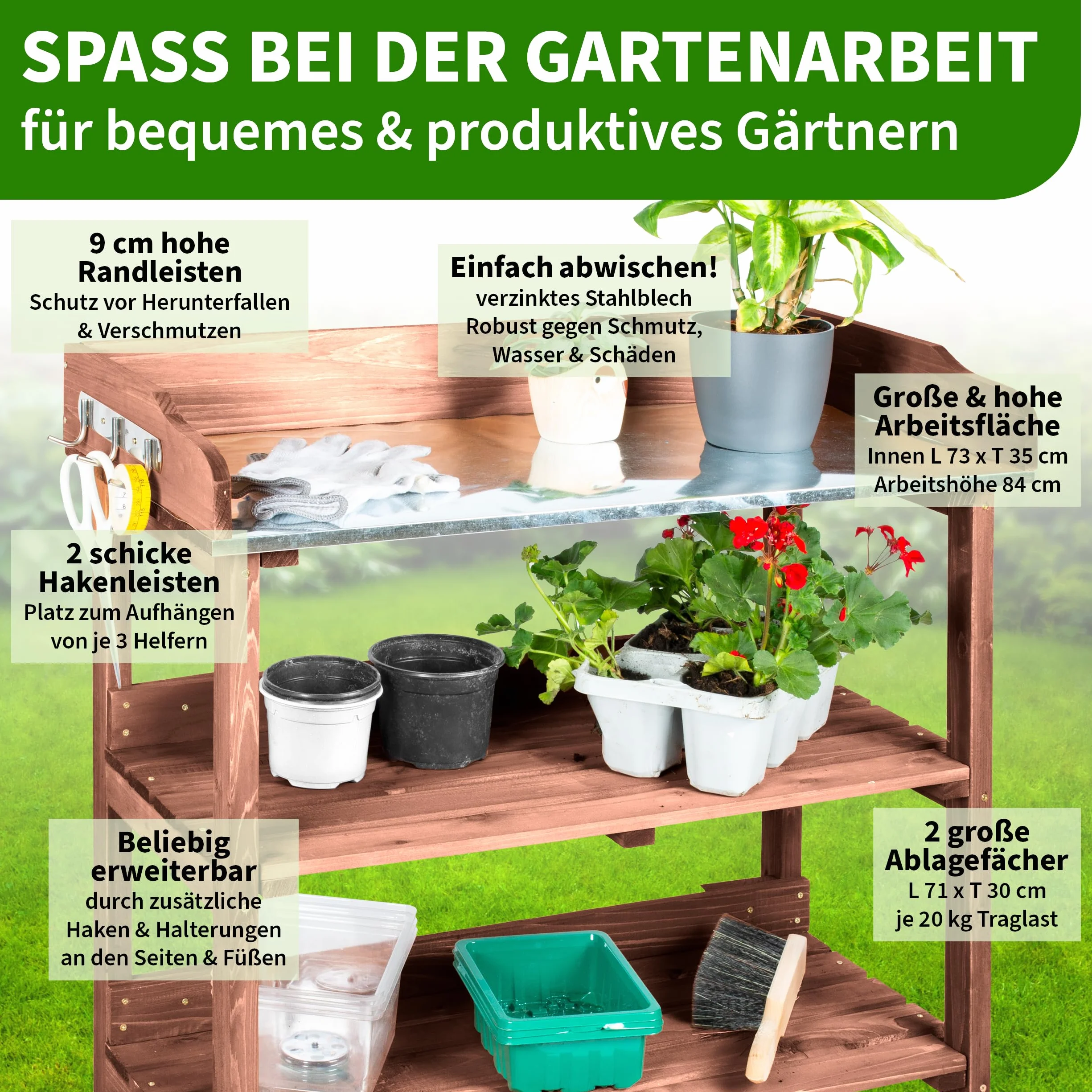 TTL Garden Planter Deluxe Table de jardinage 3 tiroirs plan de travail galvanisé extérieur résistante intempéries étagère 6 crochets bois sapin marron