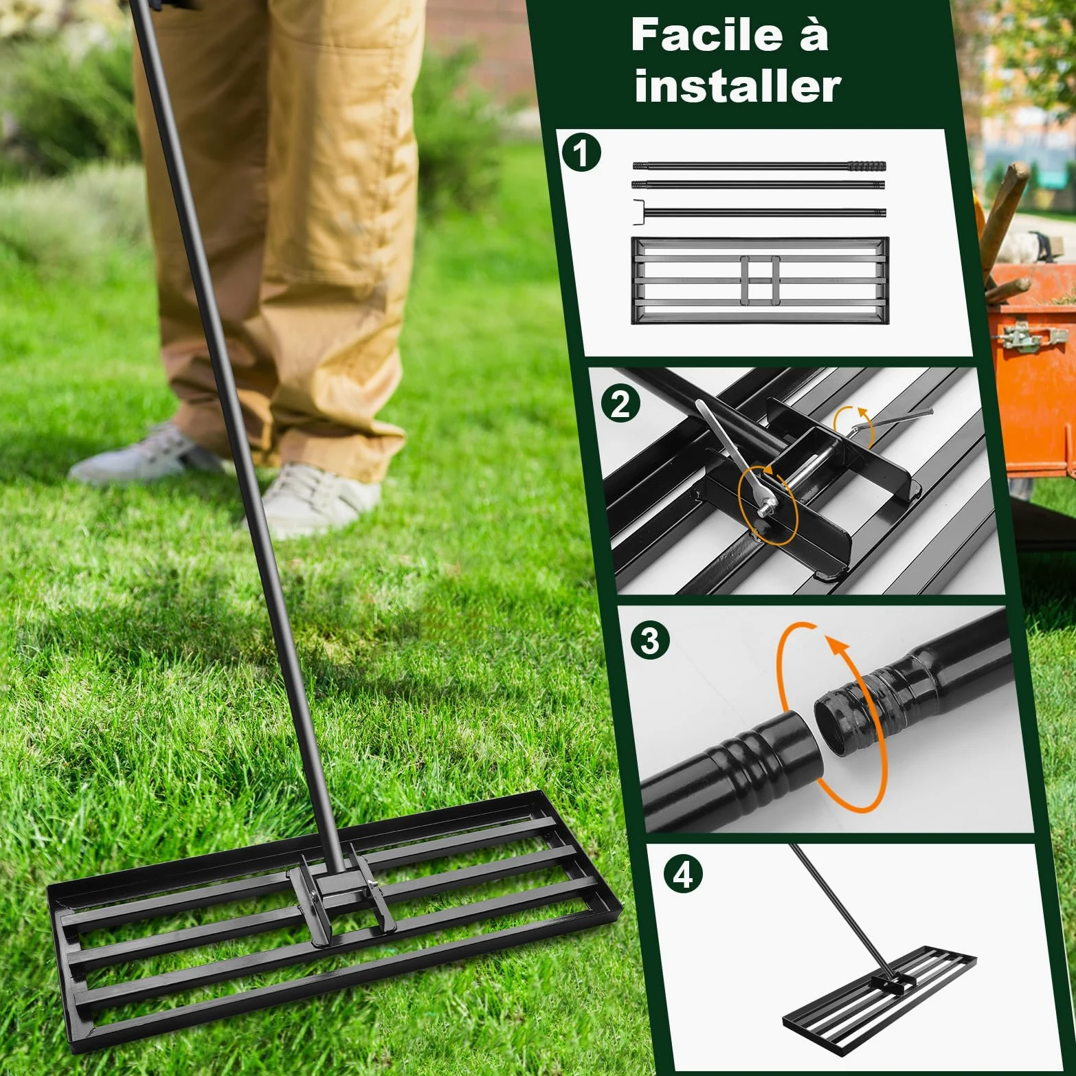 Râteau Niveleur de Gazon 114,3 × 25,4 cm avec Manche en Acier Inoxydable 213 cm, Râteau de Nivellement Extra Large pour Pelouse, Terre, Sable et Terreau, Outil de Jardin Robuste pour Grandes Surfaces