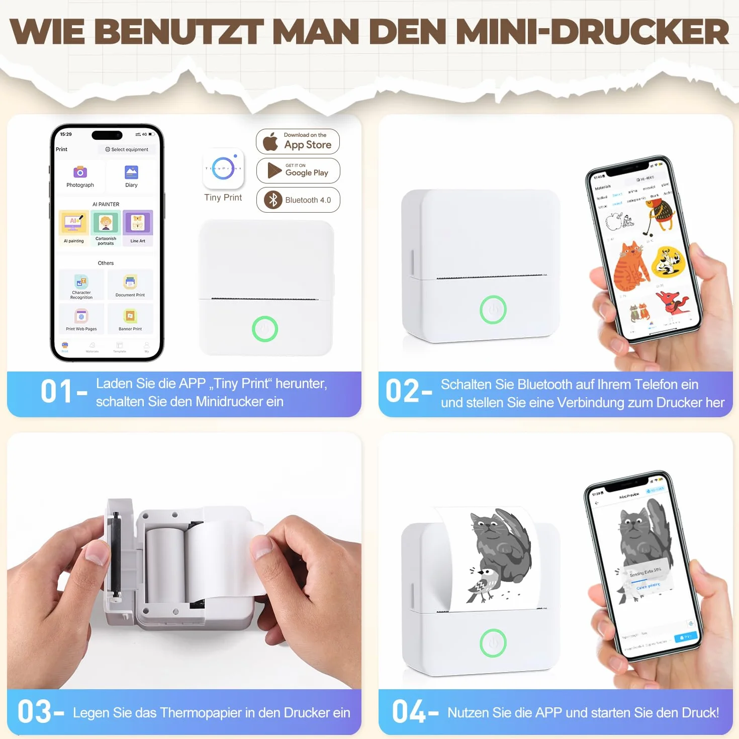 Mini imprimante photo portable Bluetooth avec 10 rouleaux de papier thermique, compatible iOS Android (blanc)