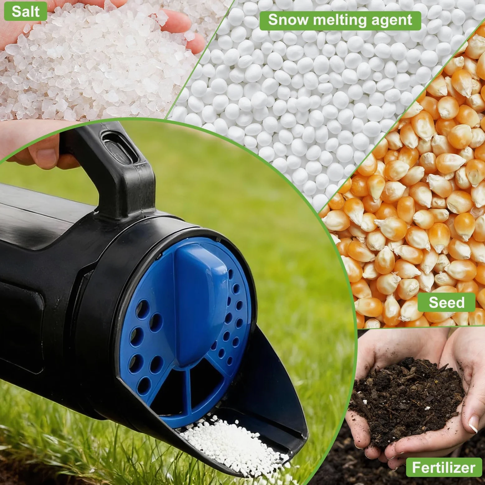PERSZEN Épandeur portatif pour engrais, graines d'herbe et fonte de glace, épandeur de graines multi-usage pour pelouse avec ouvertures réglables, capacité de 2,4 g pour cour et entretien du jardin