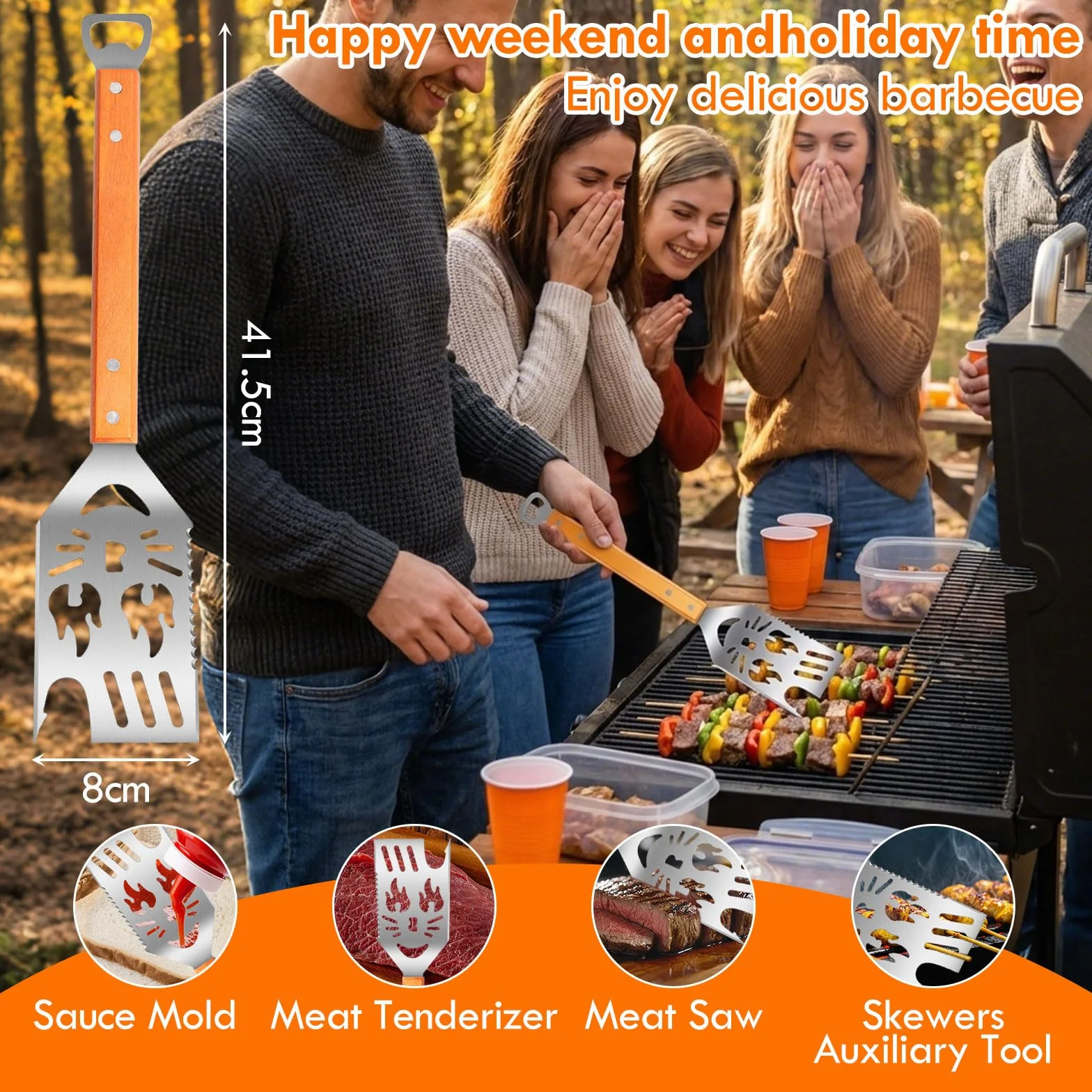 Ensemble d'ustensiles de barbecue en acier inoxydable 4 pièces avec pinces, spatule, fourchette à viande, manches en bois