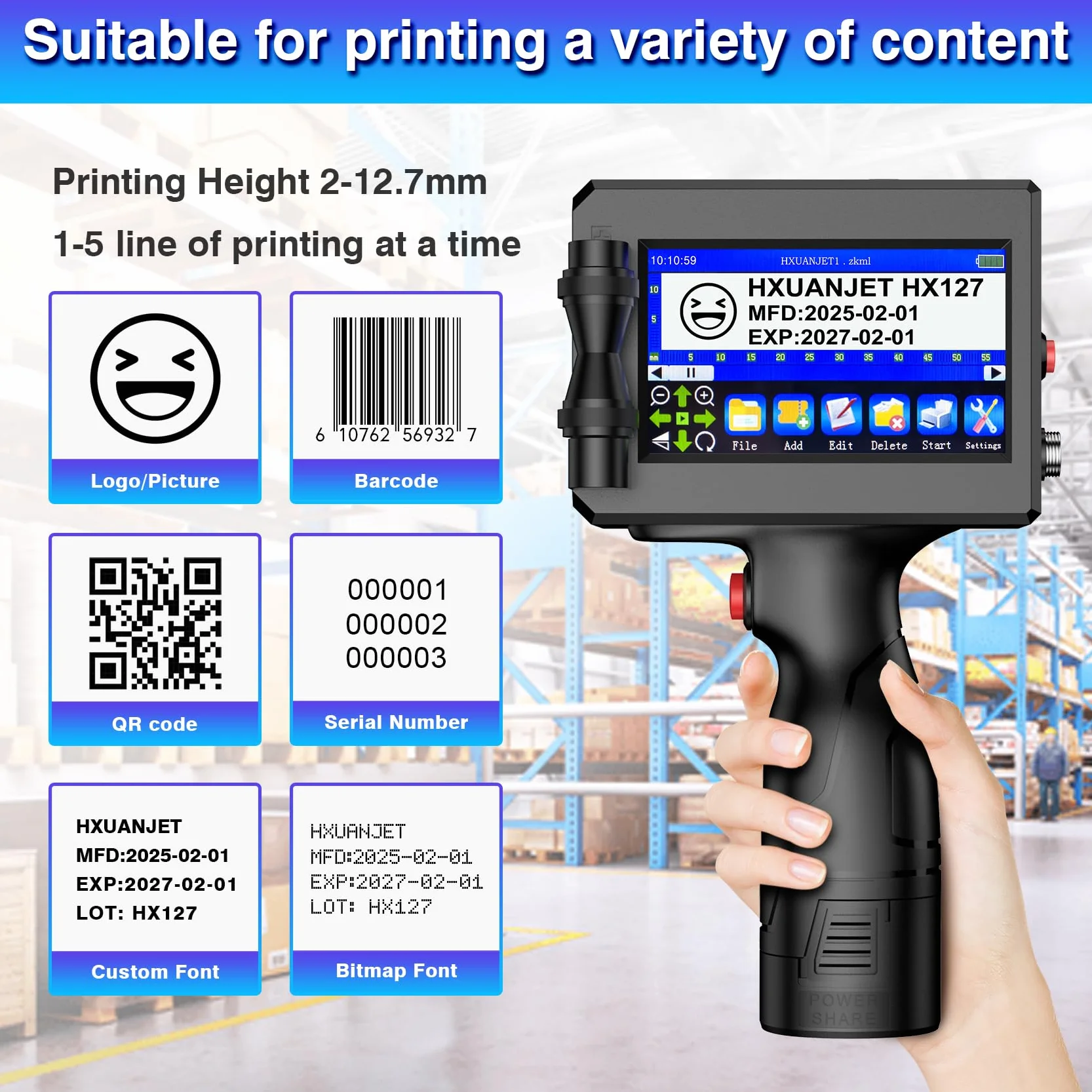 Imprimante à Jet d'encre Portable HX127 pour Code QR, Code-Barres, Date, Logo, Texte