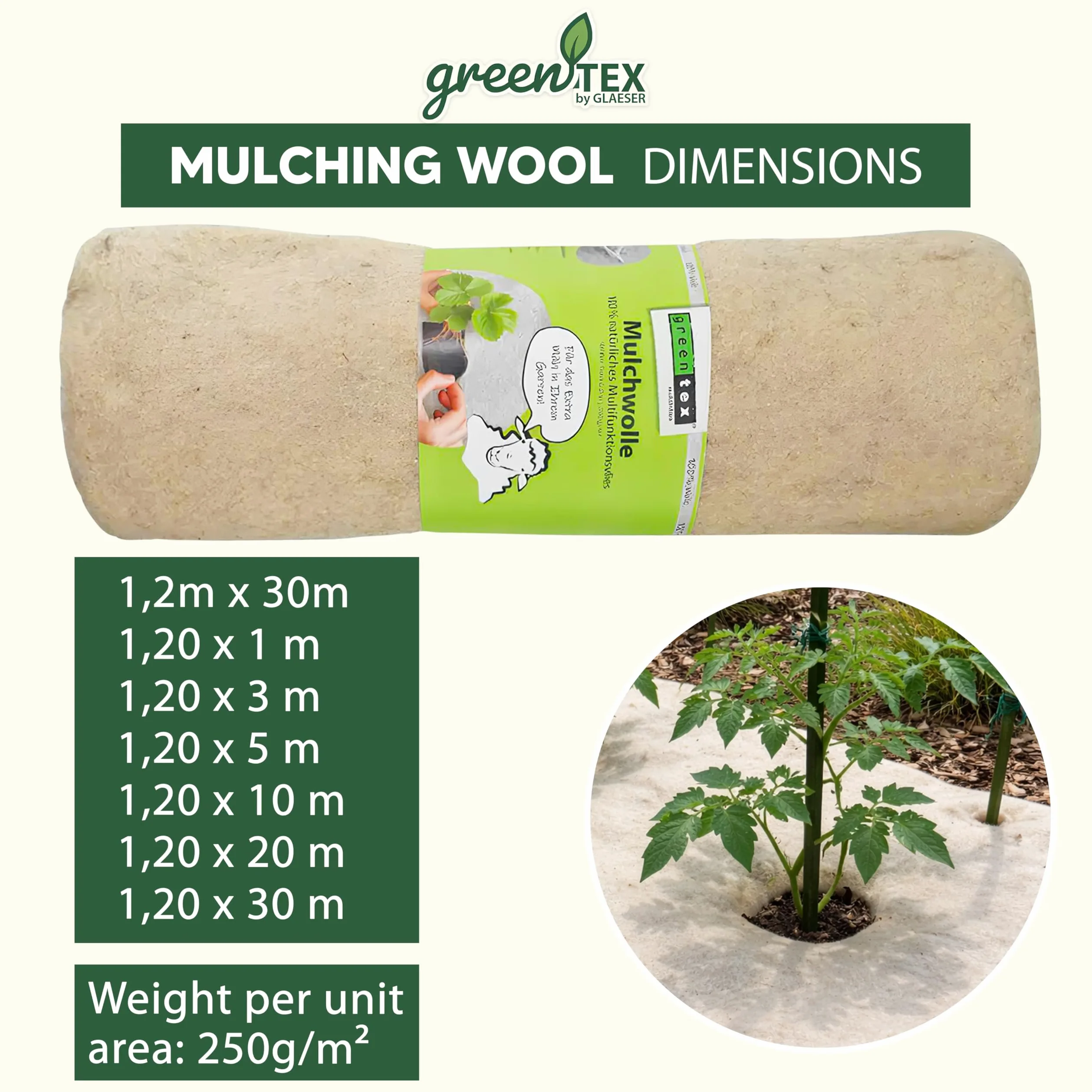 EASYgreen greentex Tapis anti-mauvaises herbes 250 g/m² en laine de mouton/laine de paillage 1,20 x 30 m | Toile anti-mauvaises herbes naturelle qui retient l'eau et engrais (1,20 x 30)