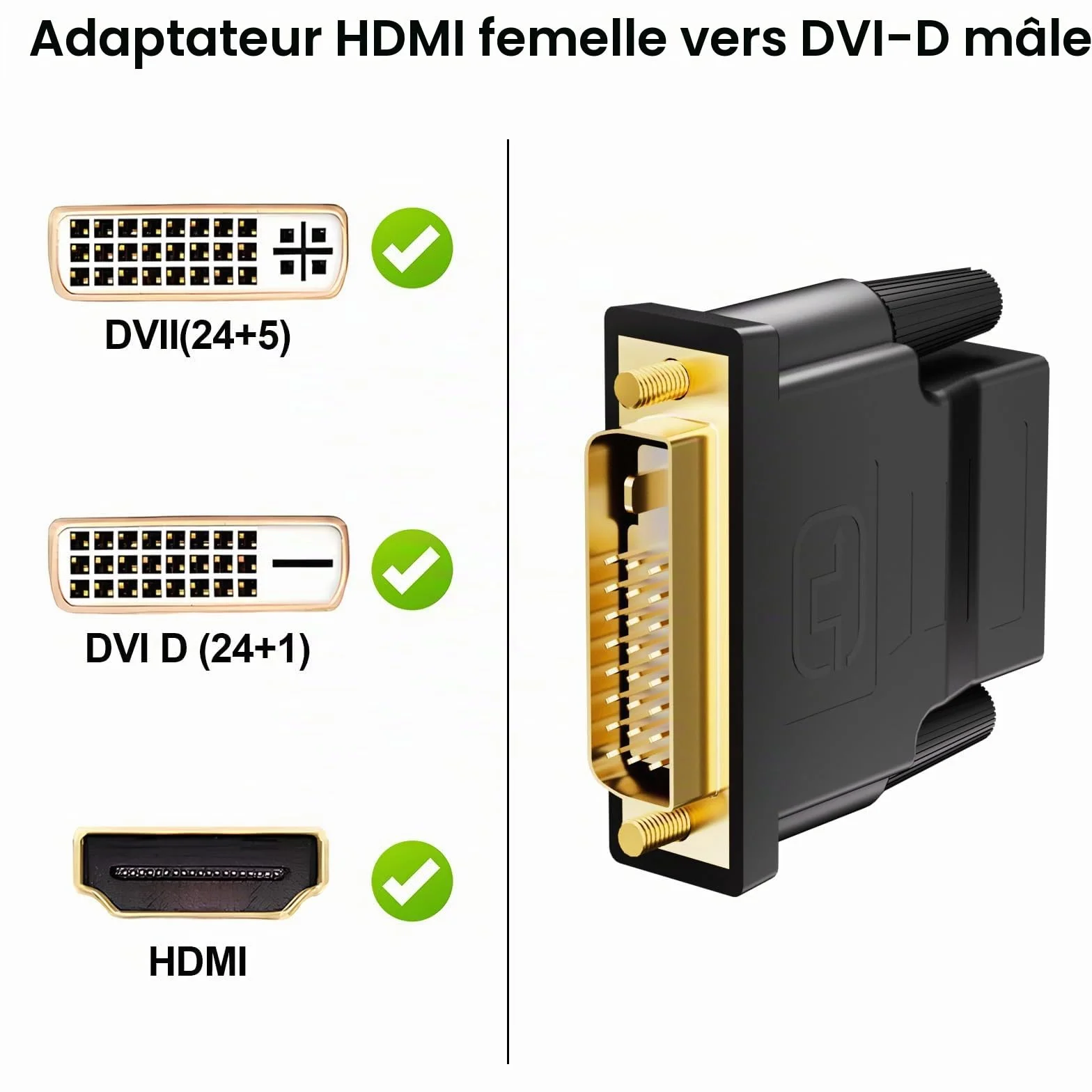 Adaptateur DVI vers HDMI 2Pack Bidirectionnel Convertisseur HDMI Femelle vers DVI-D Mâle Plaqué Or 1920x1200 1080P
