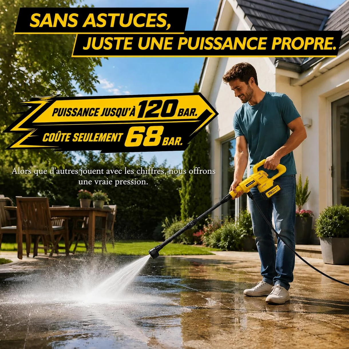 Nettoyeur Haute Pression à Batterie 21V, 68 Bar / 990 PSI, avec 2 Batteries de 4000 mAh, Ensemble d'accessoires de 17 pièces, Tige d'allongement,Jaune foncé | Moteur sans balais, buse rotative à 180°/360°, buse 6 en 1, raccord de bouteille, barre d'extens