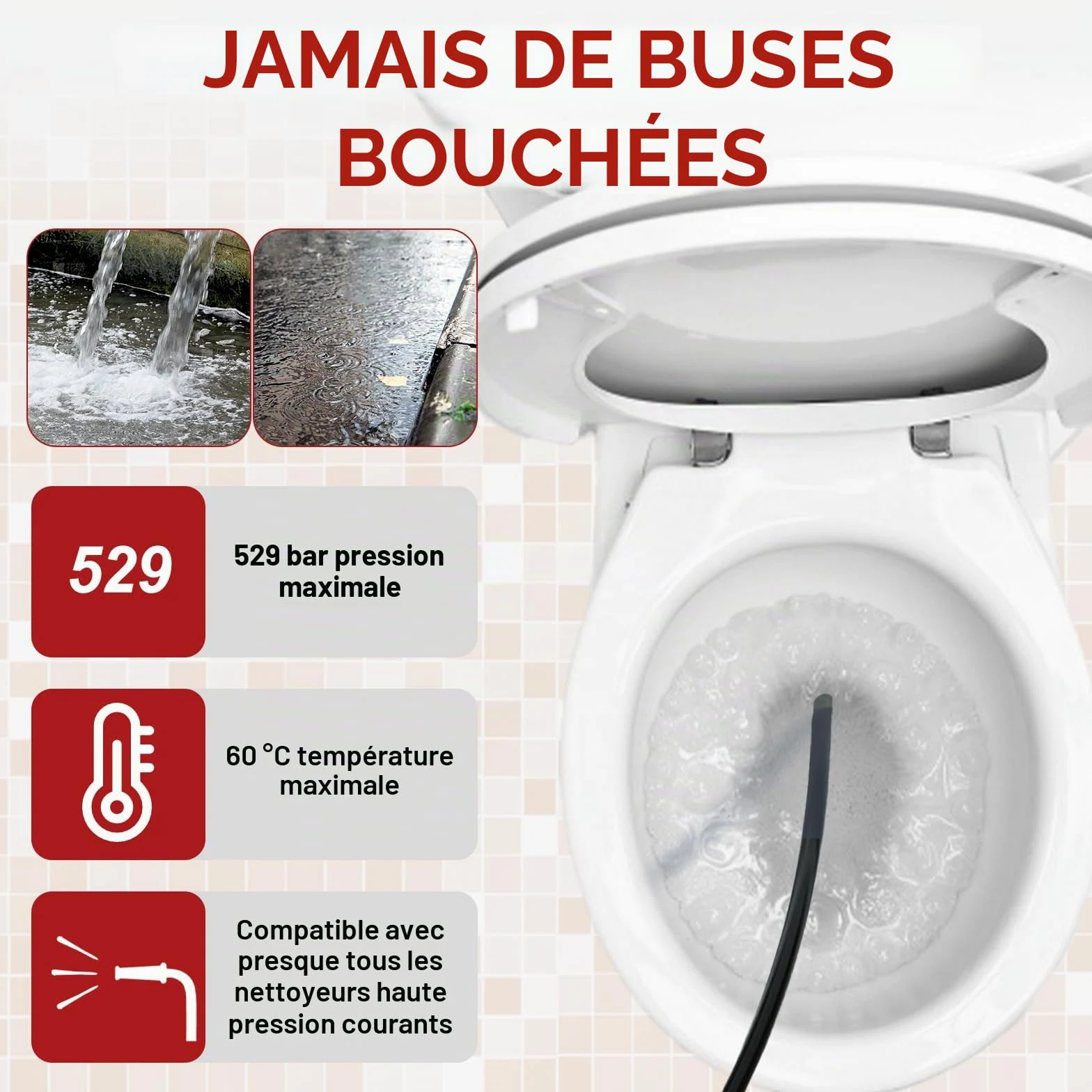 Tuyau de débouchage 15 m pour canalisation avec 3 adaptateurs et 2 buses | Flexible haute pression pour Karcher et Lavor, nettoyeur anti-bouchon, adapté aux canalisations, conduits et évacuations