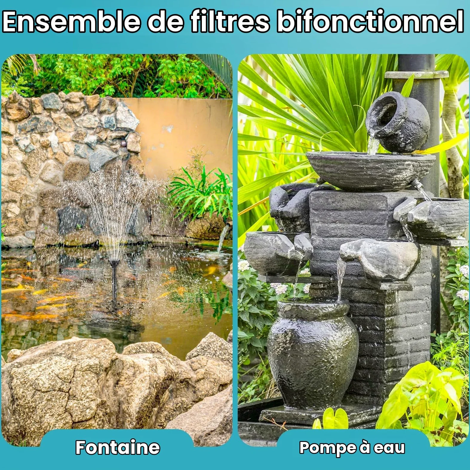 POPOSOAP Kit fontaine de bassin RGB + filtre, Pompe filtrante 2500 L/H avec LED RGB cycliques et débit réglable, Décor aquatique d’extérieur pour bassins de jardin