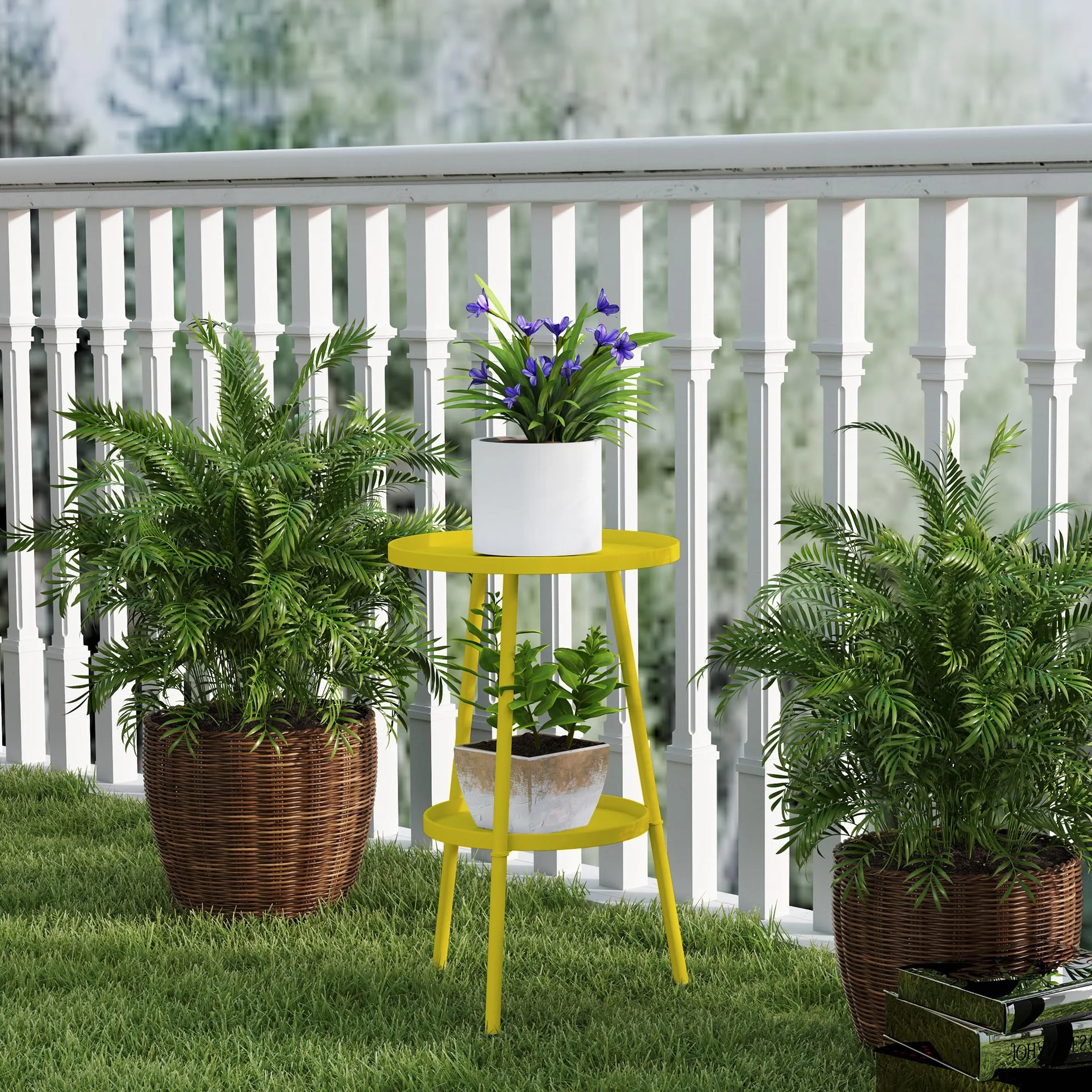 Outsunny Petite Table d'appoint Ronde à 2 Niveaux, Table de Jardin, en métal, Jaune