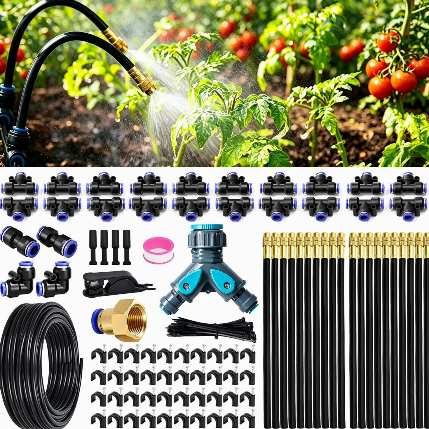Système d'irrigation de jardin 20 m, tuyau d'arrosage automatique à 360 ° avec 20 buses de pulvérisation réglables, système de refroidissement à brouillard extérieur pour jardin, serre, pelouse