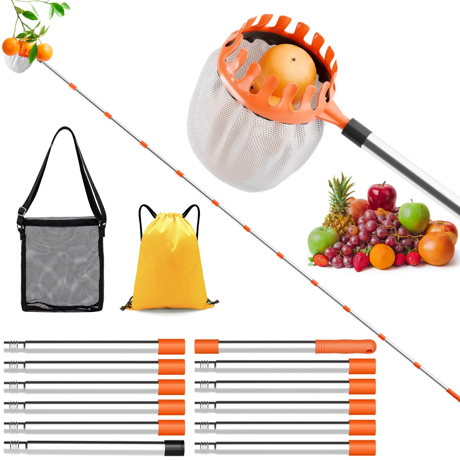Cueilleuse à pommes de 4,2 m avec manche télescopique et sac de collecte de fruits, diamètre 16 cm, cueilleuse à prunes, cueilleuse à pommes pour atteindre les endroits inaccessibles dans les