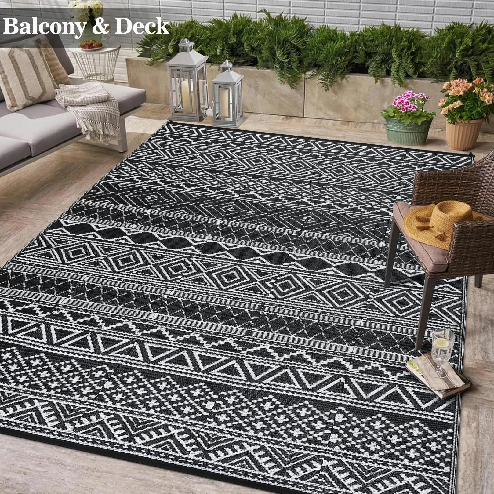 Tapis d'extérieur réversible imperméable pour terrasse 240 x 300 cm | Tapis d'extérieur léger et pliable en paille en plastique pour camping-car, porche, balcon, jardin, pique-nique, noir/blanc