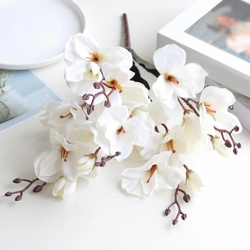 Bouquet de magnolia artificiel 5 broches 20 têtes blanc réaliste