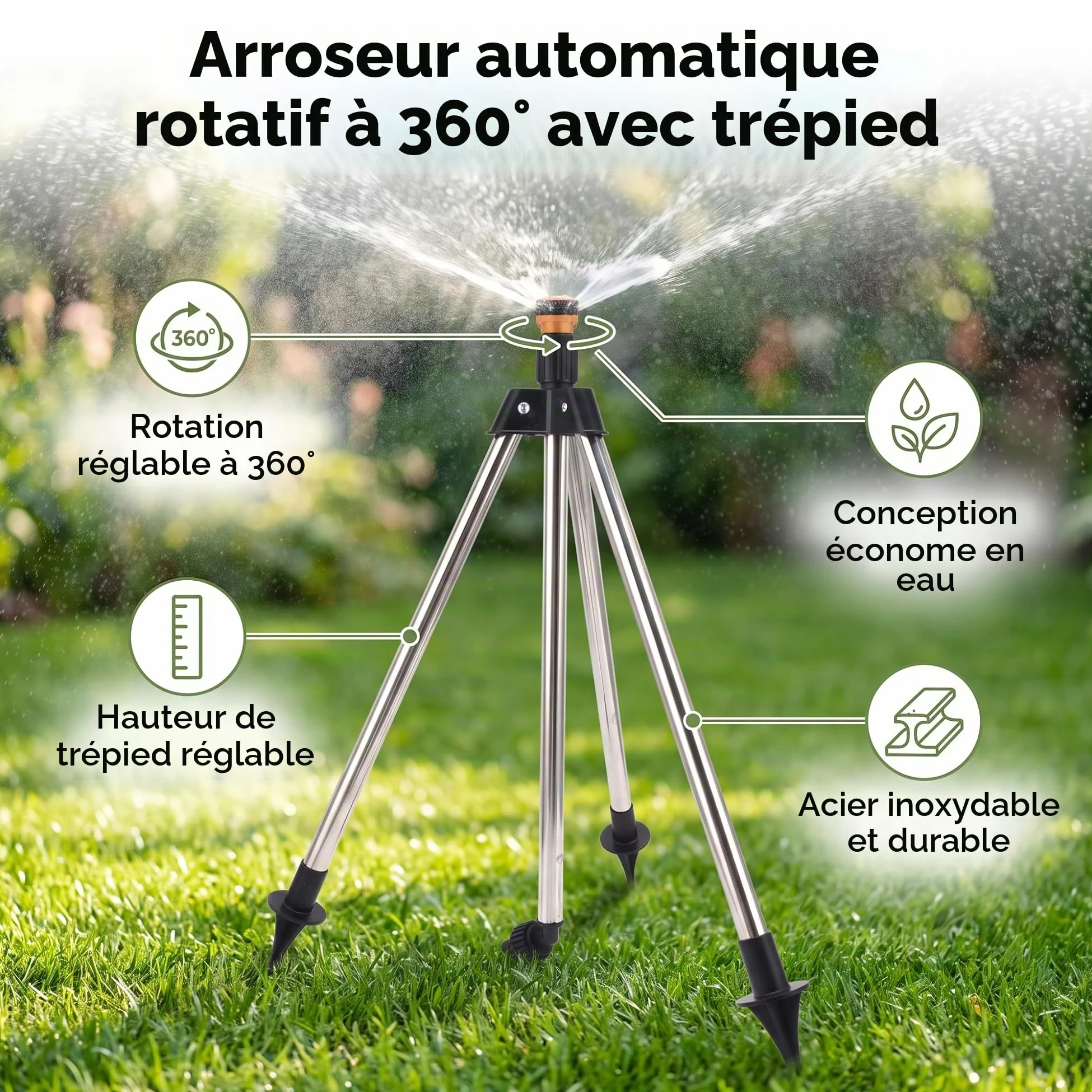 Arroseur Rotatif sur Trépied, Arroseur Rotatif à 360 Degrés en Acier Inoxydable pour L'irrigation du Jardin et L'arrosage des Plantes avec Trépied pour Une Utilisation Facile et Une Hauteur Réglable