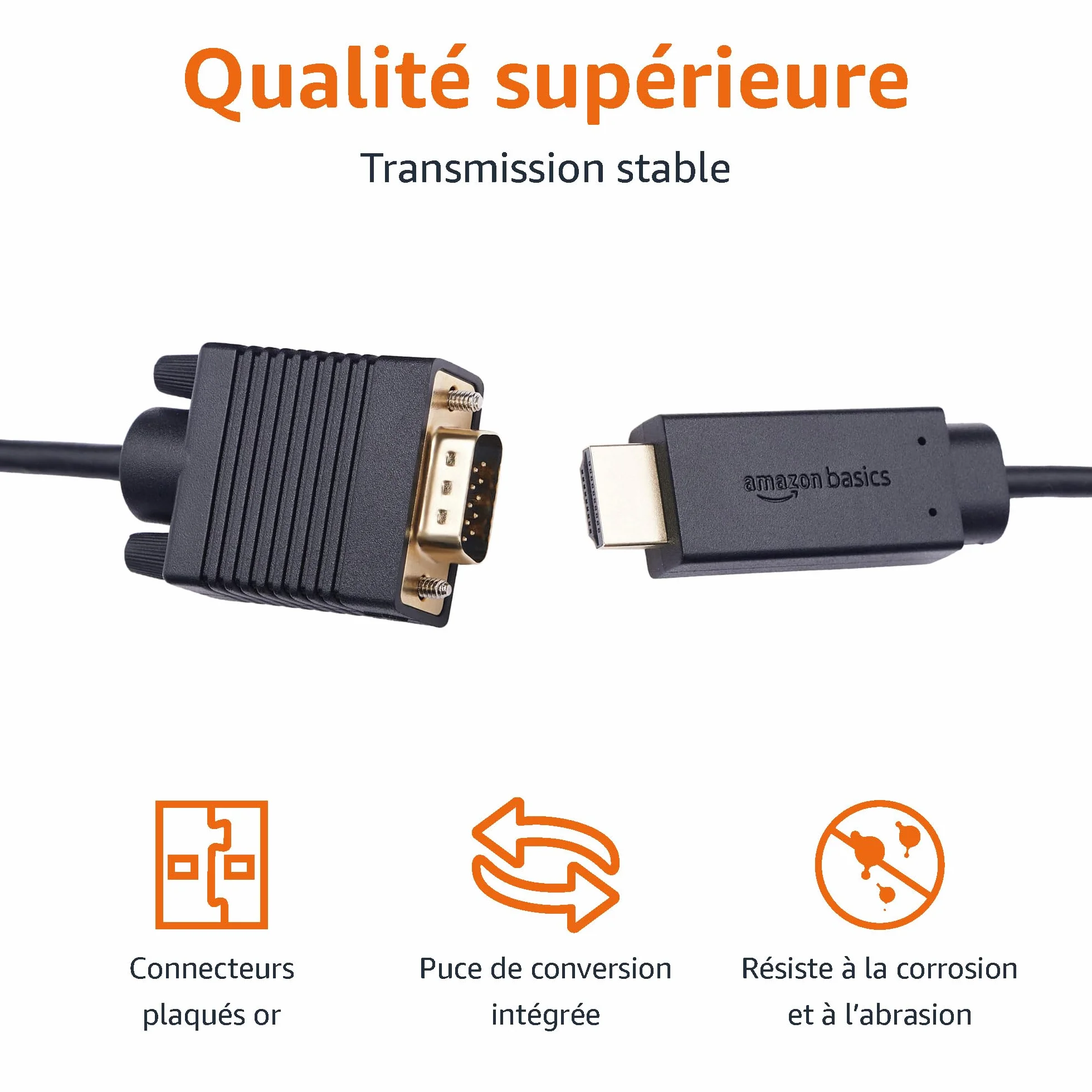 Amazon Basics Câble HDMI vers VGA 6 Feet Noir Plaqué Or
