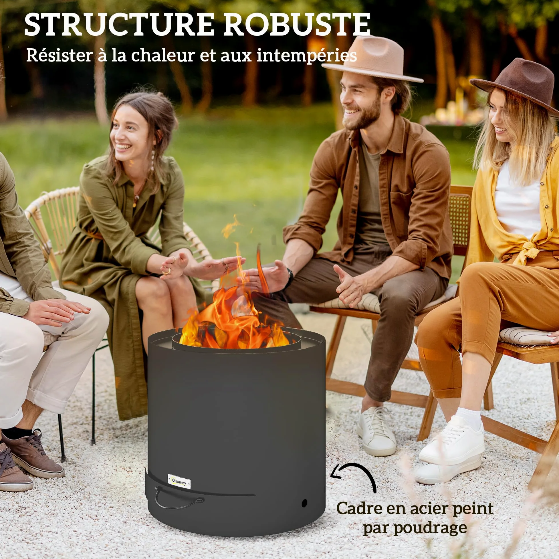 Outsunny Brasero extérieur Ø 45 cm avec bac à Cendres, Acier Noir | Tisonnier inclus, chauffage à charbon de bois pour jardin, camp, cour
