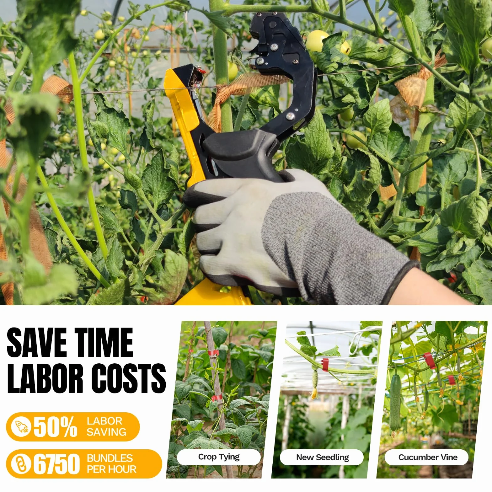 Machine à Attacher Les Plantes, 420g Outil pour Ruban de Jardin pour Attacher Les Branches des Plantes, avec 10000pcs Agrafes 20 Rouleaux Ruban SJ-8108 (Jaune)