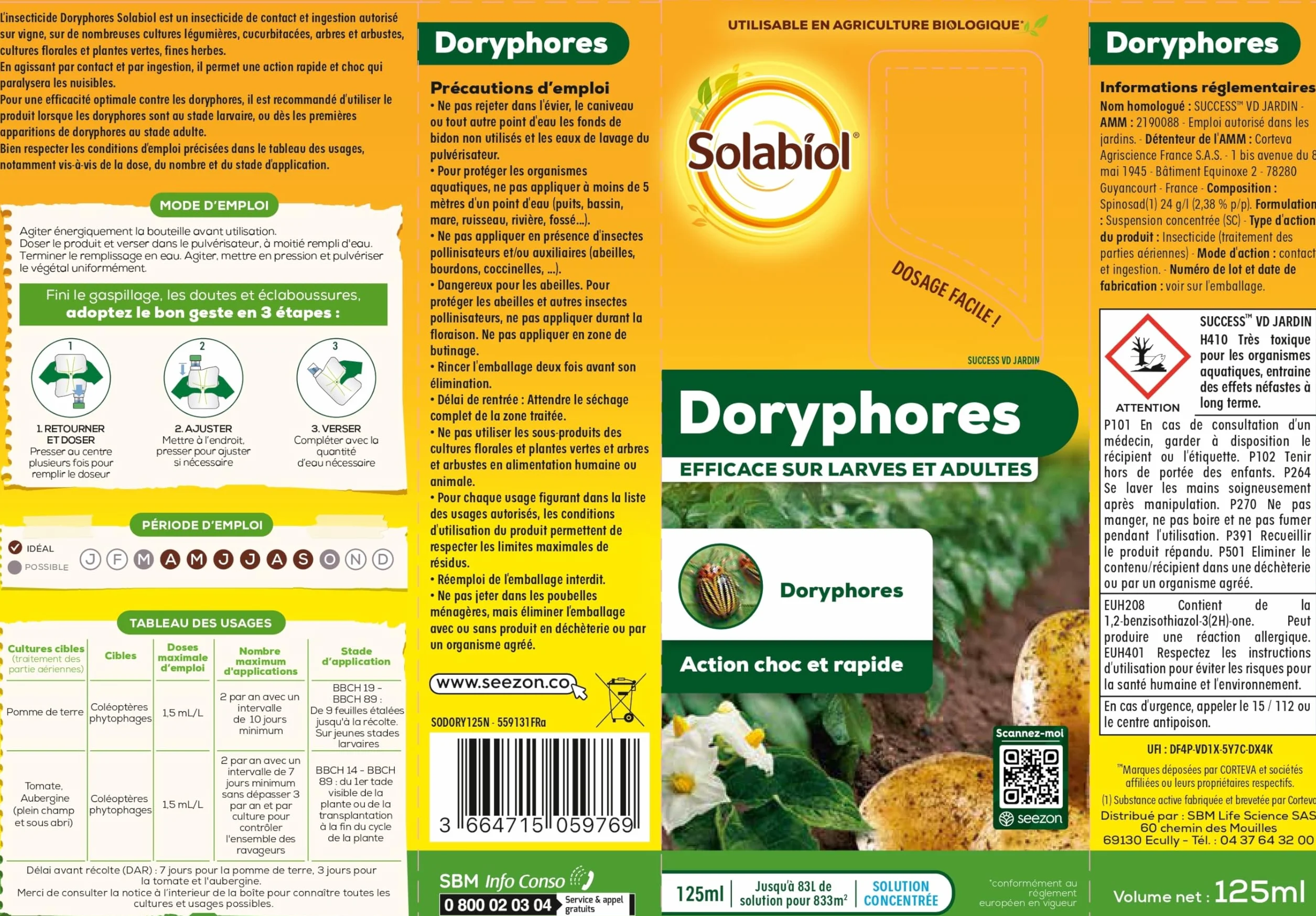 SOLABIOL Anti Doryphores 125ml Concentré Surface Traitée 833m² Bidon Auto Doseur Action Choc Utilisable en Agriculture Biologique