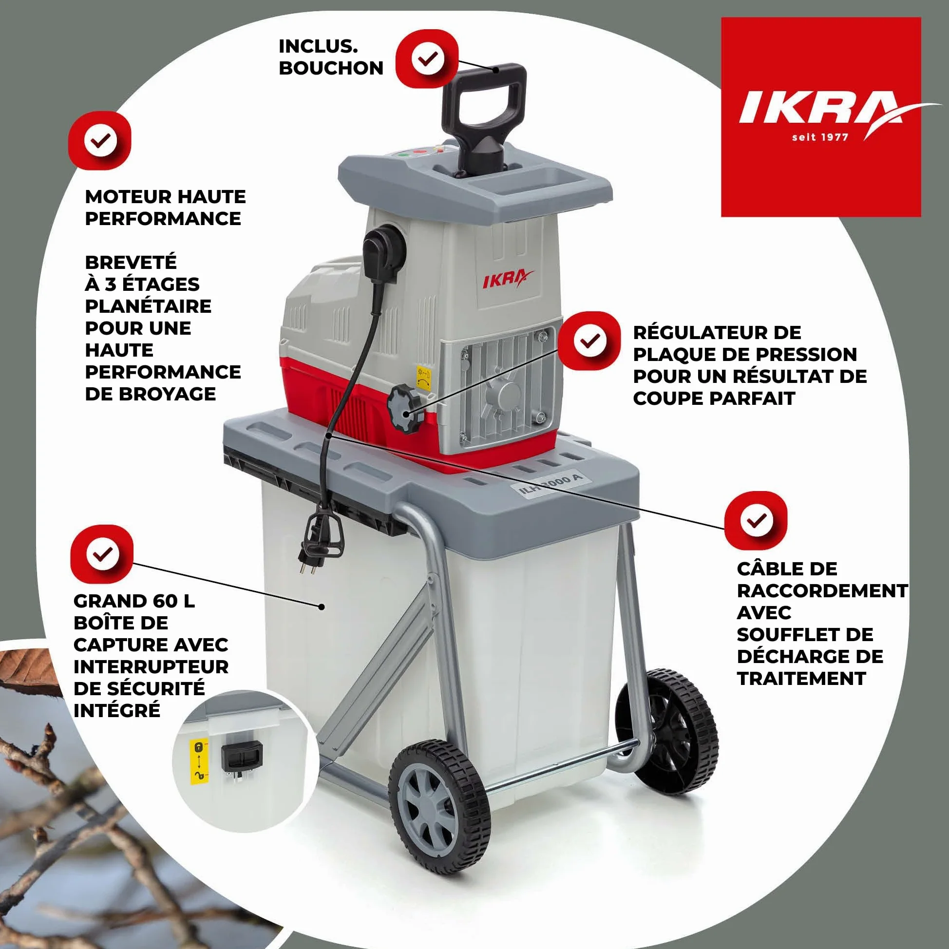 IKRA broyeur électrique à rouleaux ILH 3000A, avec lunettes de protection | Silencieux & robuste, puissance de 3000W, alimentation automatique des branches, marche arrière, pour branches jusqu'à 44 mm