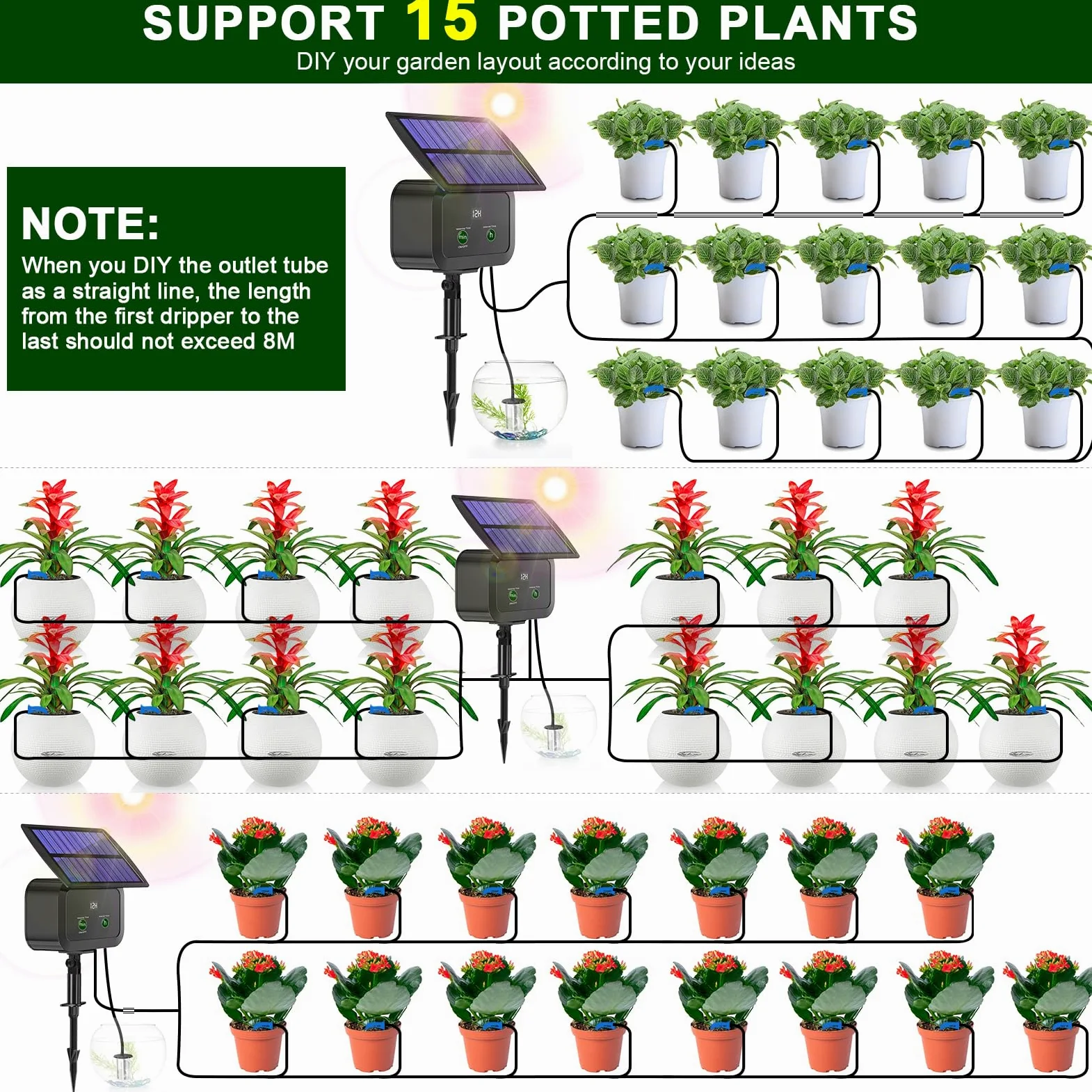Kit de système d'irrigation goutte à goutte solaire, système d'arrosage automatique avec 30 modes de fonctionnement et 10 intervalles d'arrosage prend en charge 15 plantes en pot, kit d'irrigation